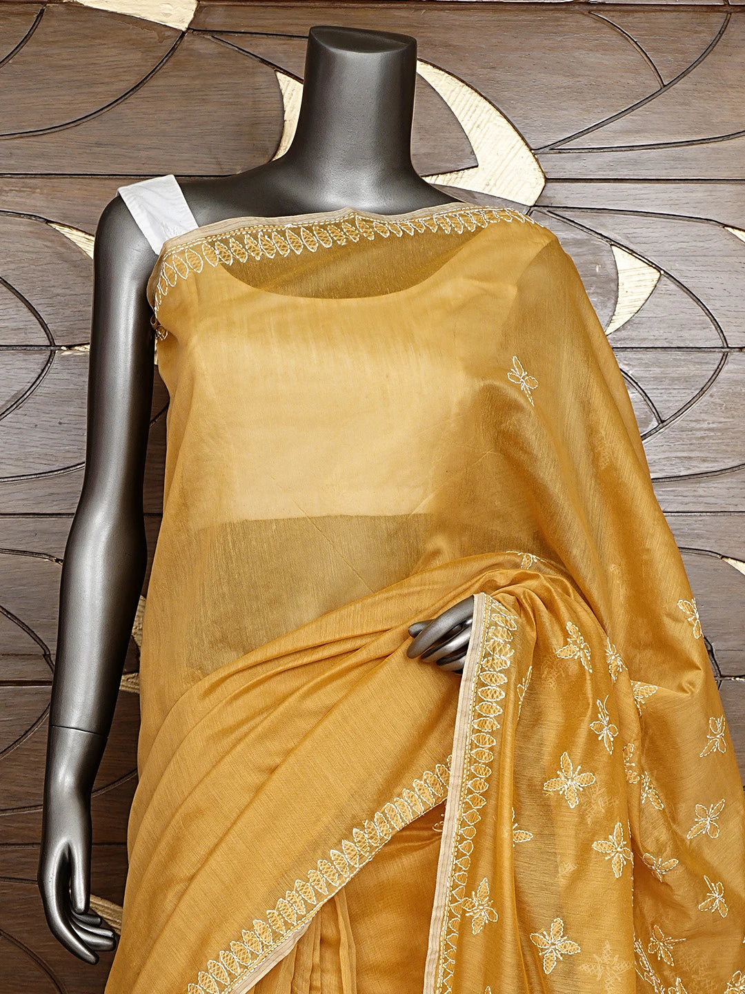 Ada Hand Embroidered Harvest Gold Chanderi Lucknowi Chikankari Saree and Blouse 01A922927