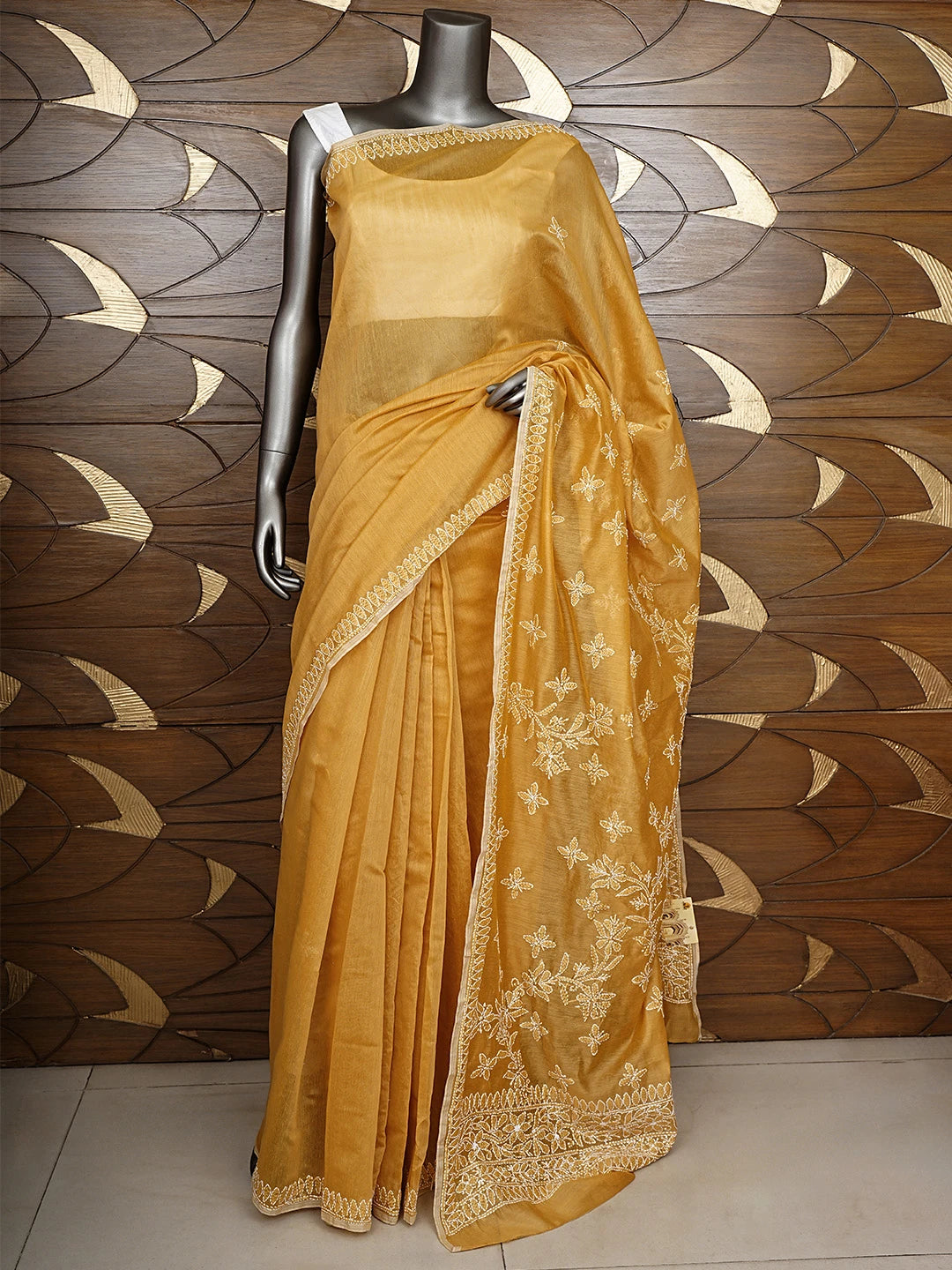 Ada Hand Embroidered Harvest Gold Chanderi Lucknowi Chikankari Saree and Blouse 01A922927