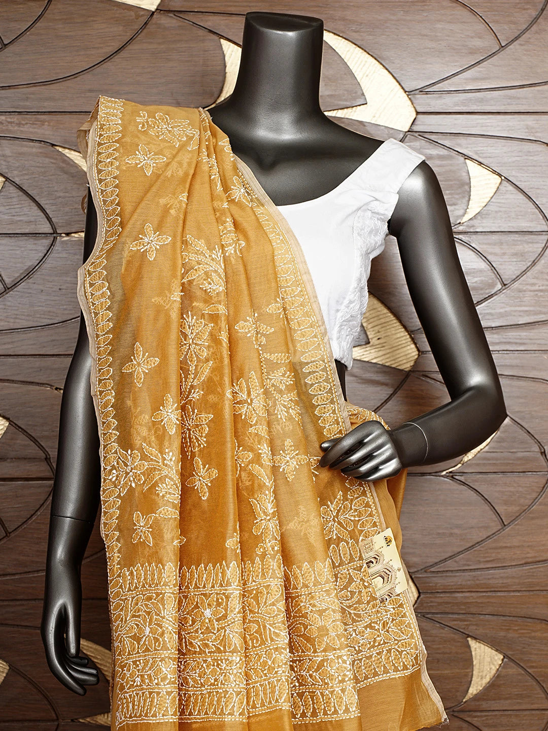 Ada Hand Embroidered Harvest Gold Chanderi Lucknowi Chikankari Saree and Blouse 01A922927