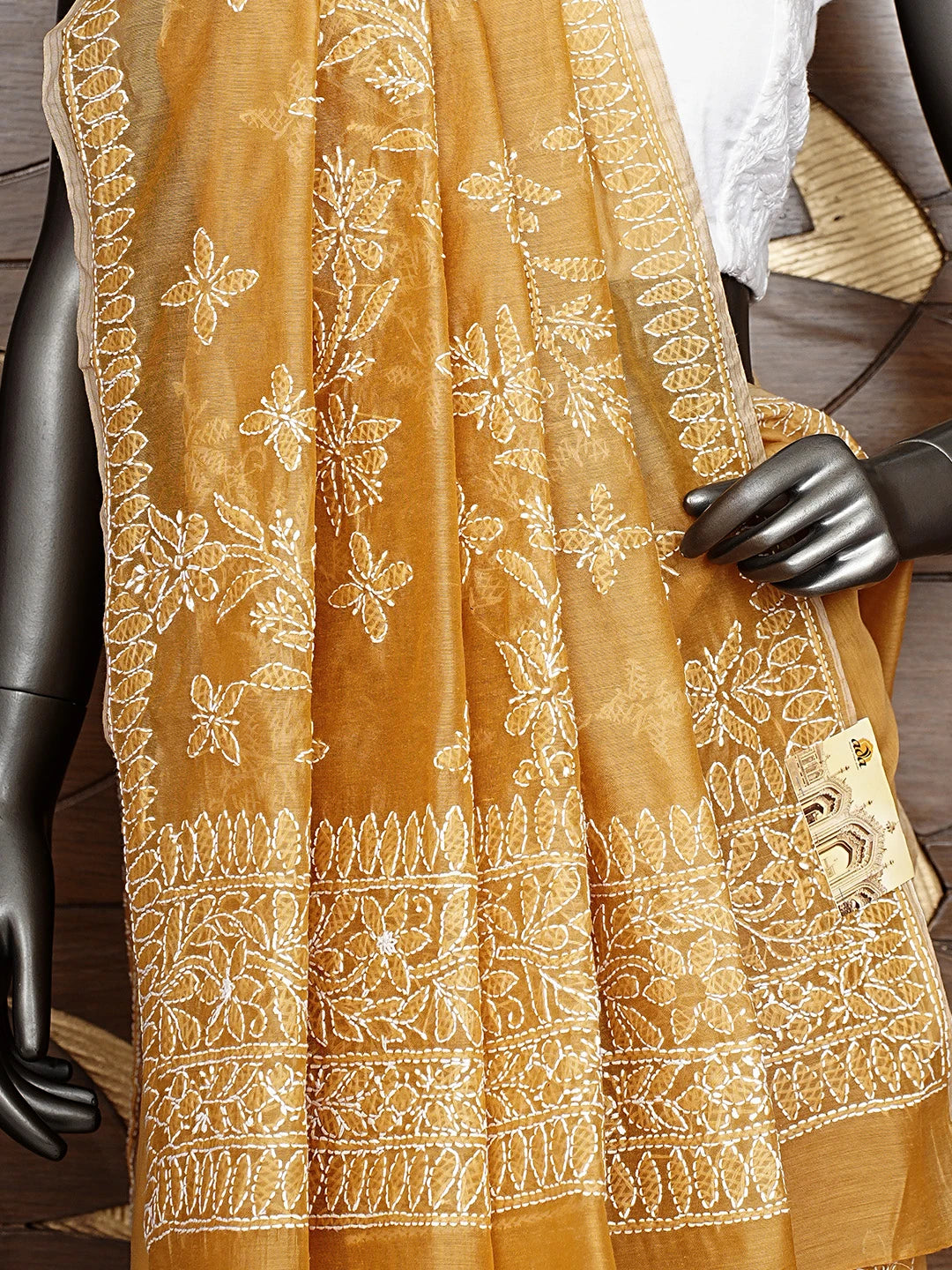 Ada Hand Embroidered Harvest Gold Chanderi Lucknowi Chikankari Saree and Blouse 01A922927