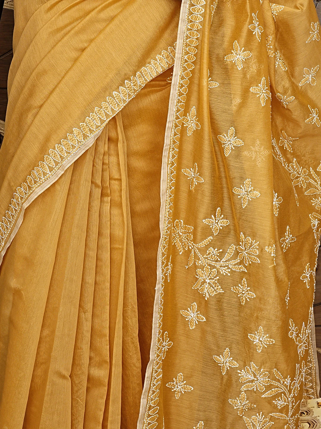 Ada Hand Embroidered Harvest Gold Chanderi Lucknowi Chikankari Saree and Blouse 01A922927