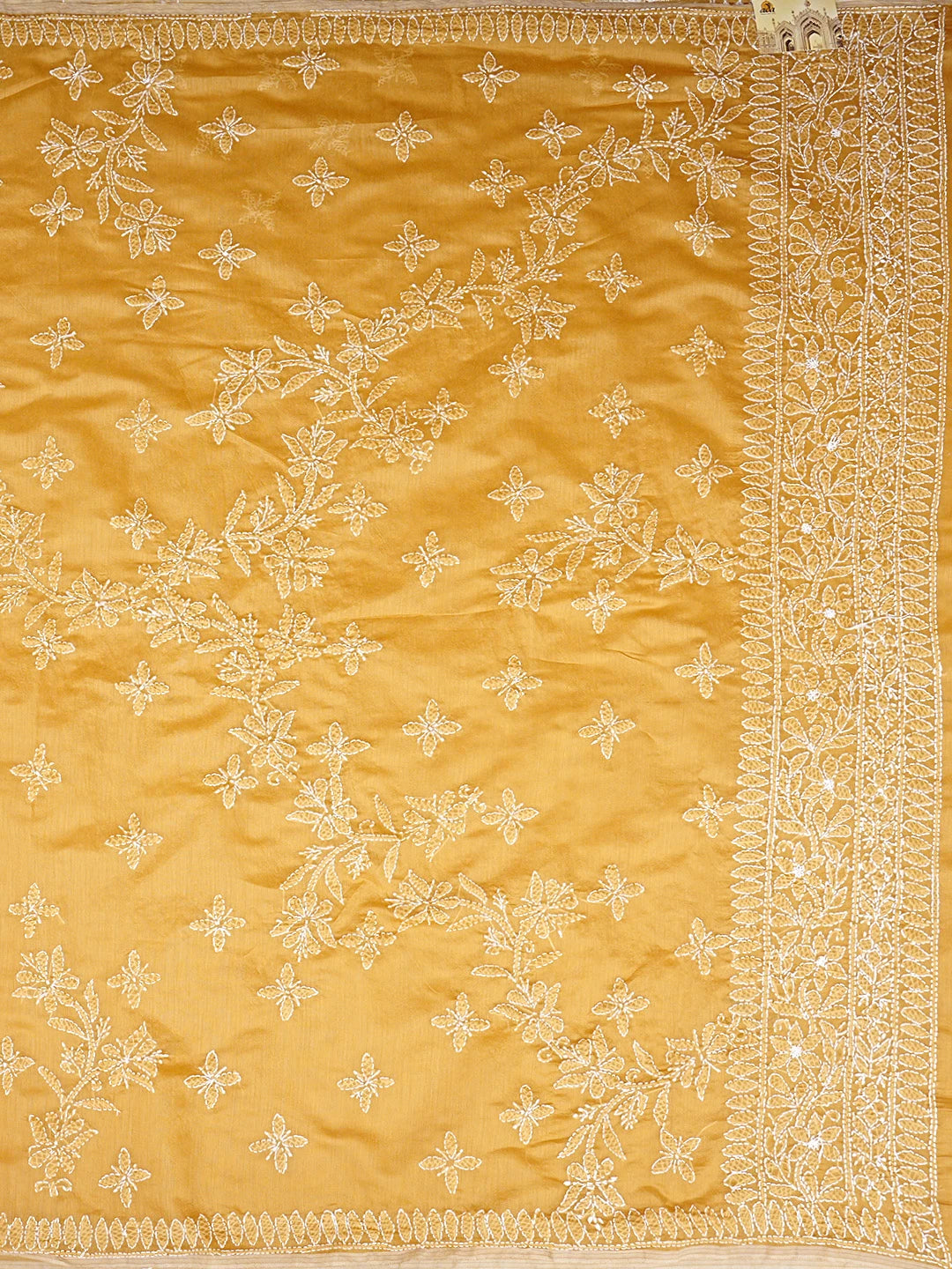 Ada Hand Embroidered Harvest Gold Chanderi Lucknowi Chikankari Saree and Blouse 01A922927