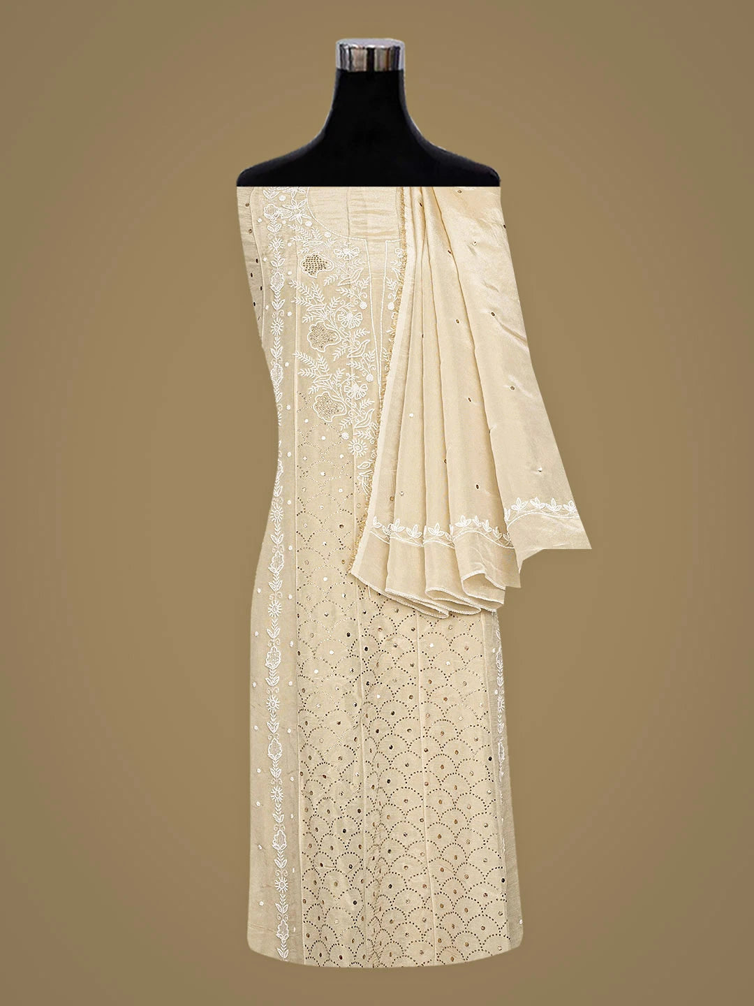 Ada Hand Embroidered Fawn Tissue Semi-stitched Anarkali Kurta Dupatta Set With Muqaish/Mukaish Work 01A922879
