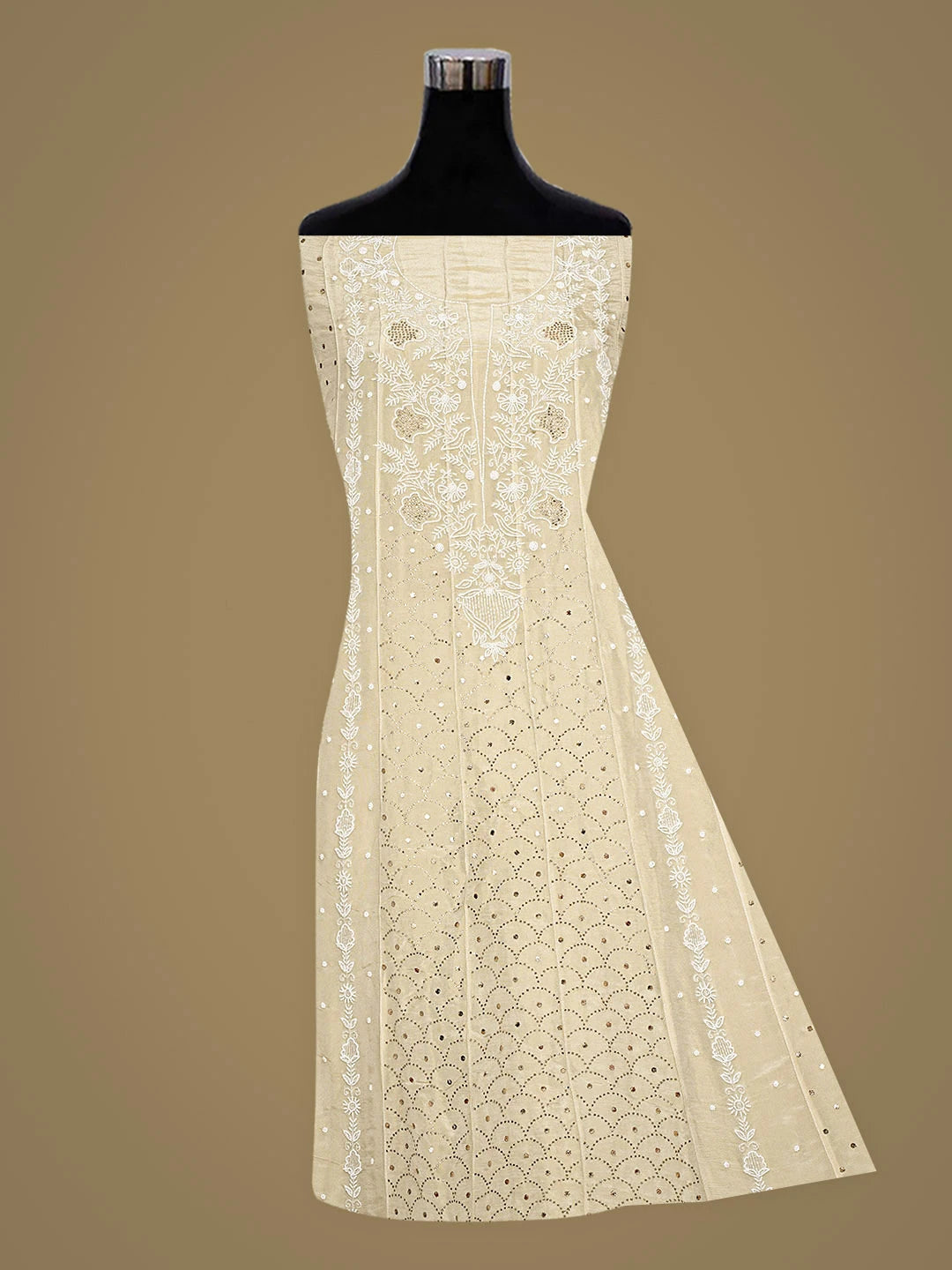 Ada Hand Embroidered Fawn Tissue Semi-stitched Anarkali Kurta Dupatta Set With Muqaish/Mukaish Work 01A922879