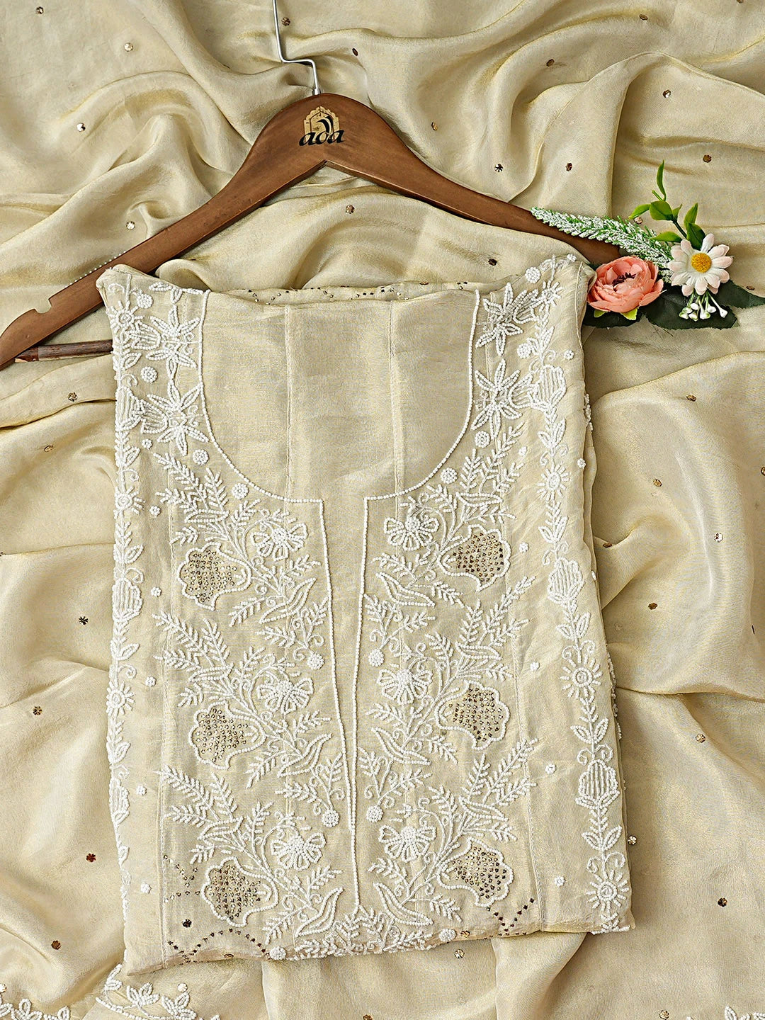 Ada Hand Embroidered Fawn Tissue Semi-stitched Anarkali Kurta Dupatta Set With Muqaish/Mukaish Work 01A922879