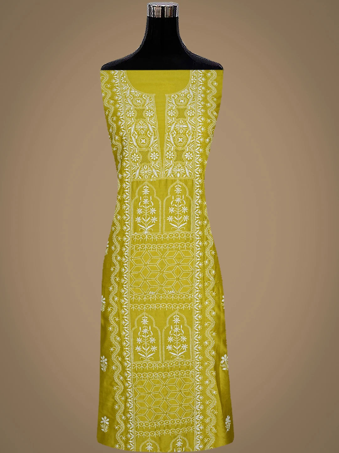 Ada Hand Embroidered Pear Green Chanderi Lucknowi Chikankari Unstitched Suit Piece 01A932505