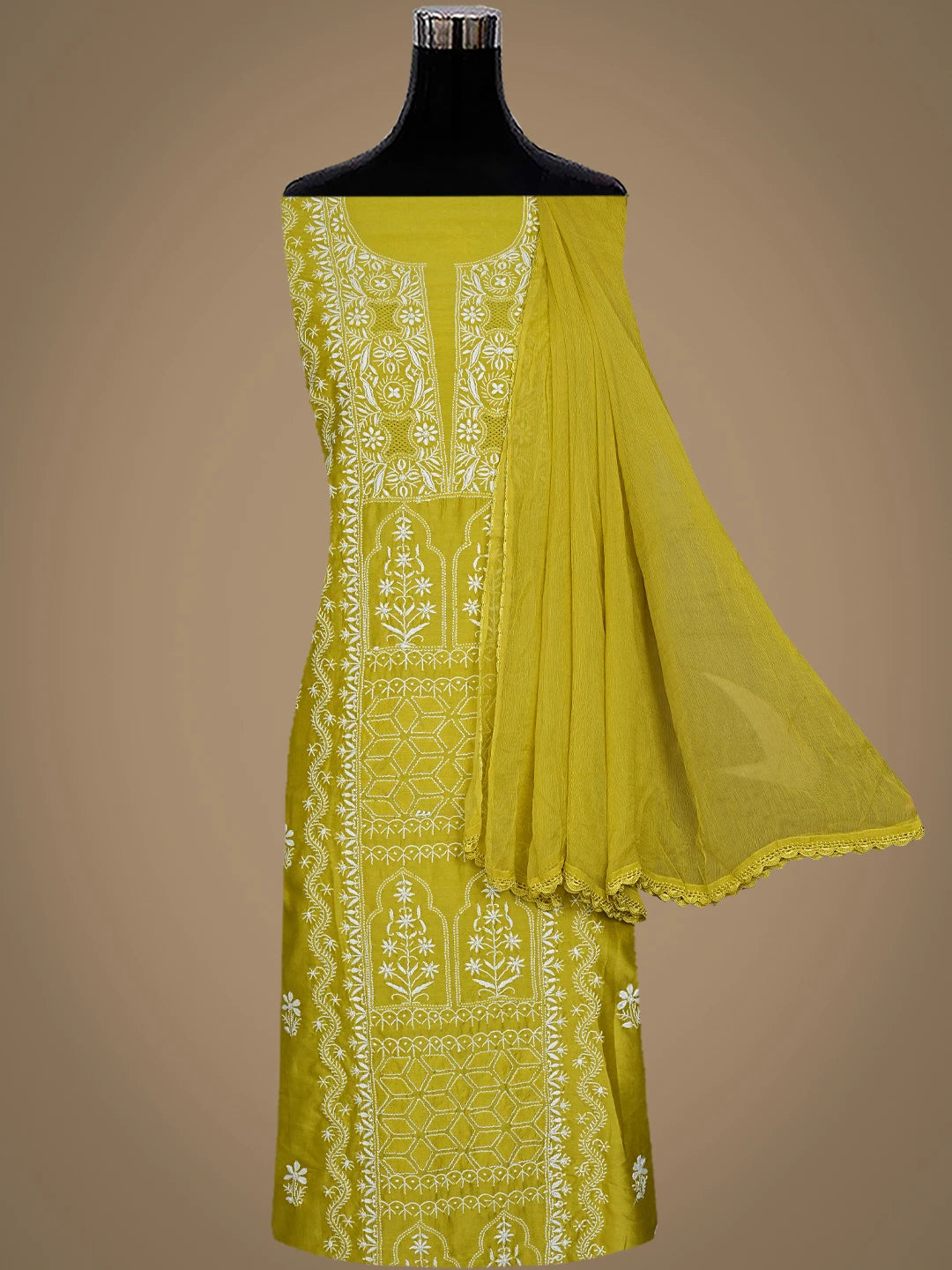 Ada Hand Embroidered Pear Green Chanderi Lucknowi Chikankari Unstitched Suit Piece 01A932505