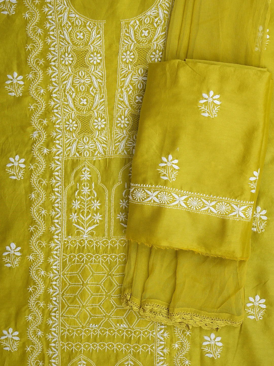 Ada Hand Embroidered Pear Green Chanderi Lucknowi Chikankari Unstitched Suit Piece 01A932505