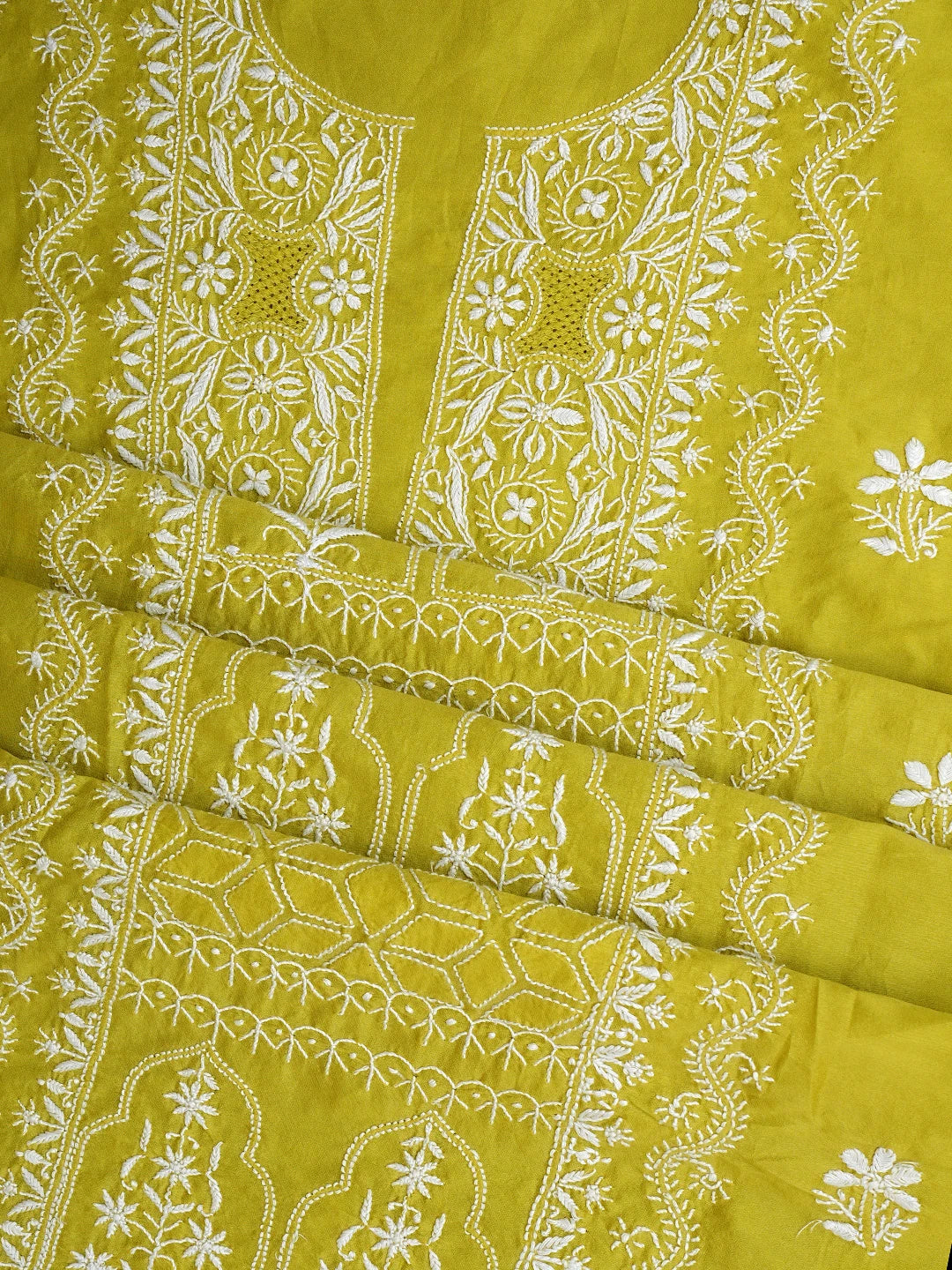 Ada Hand Embroidered Pear Green Chanderi Lucknowi Chikankari Unstitched Suit Piece 01A932505