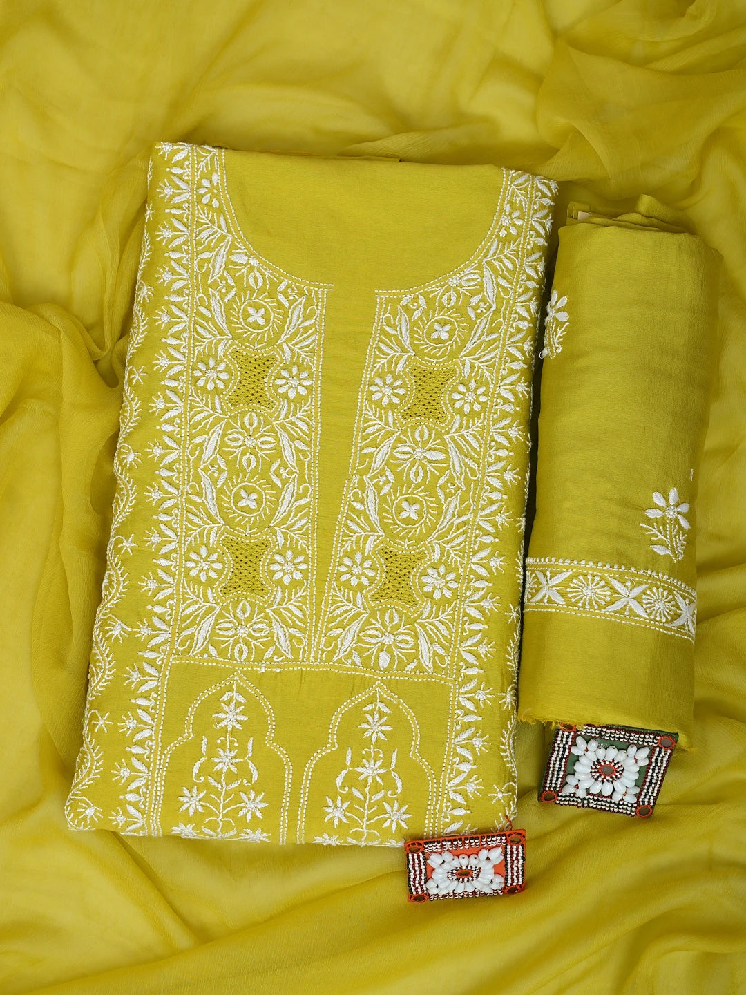 Ada Hand Embroidered Pear Green Chanderi Lucknowi Chikankari Unstitched Suit Piece 01A932505