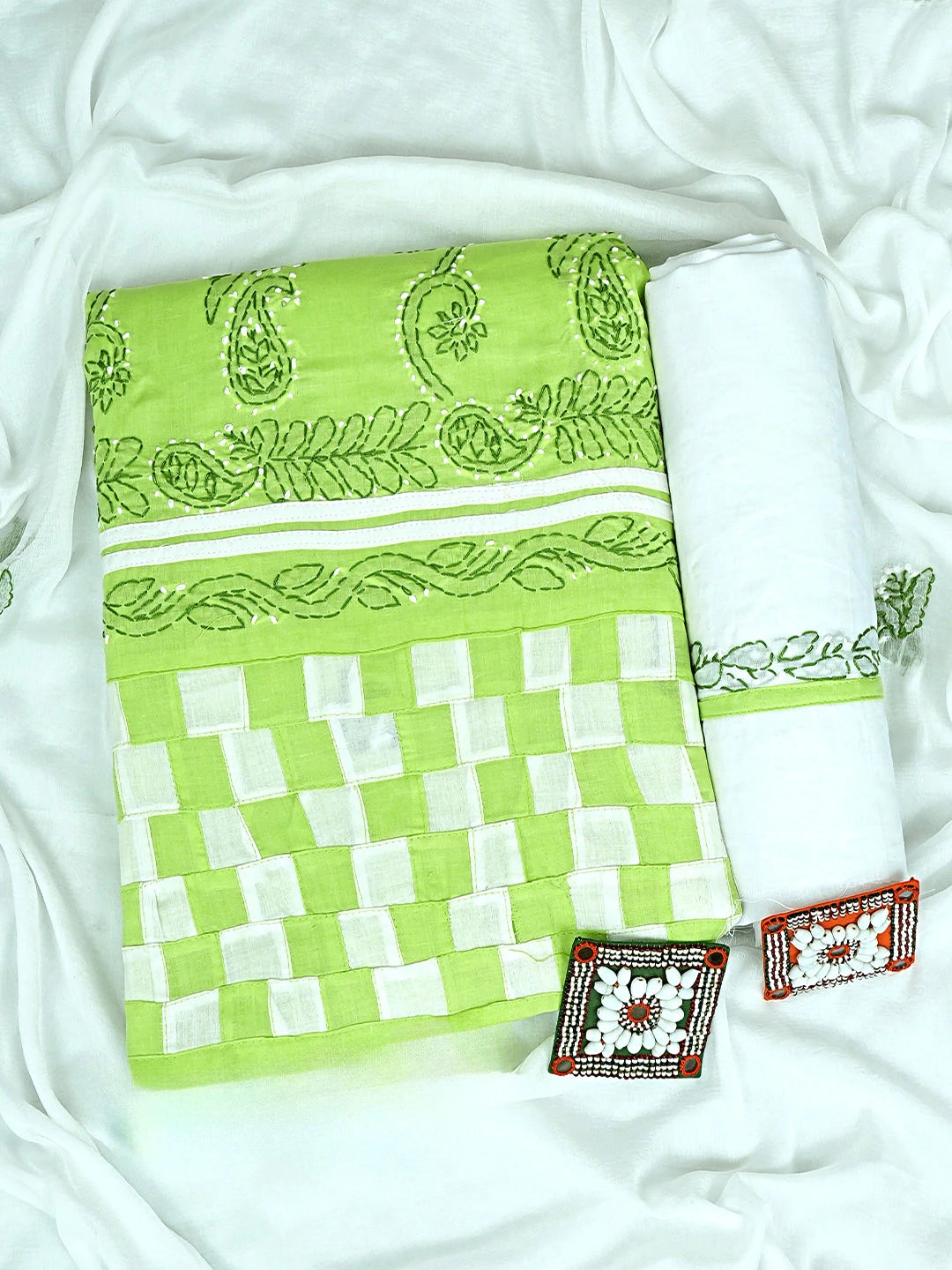 Ada Hand Embroidered Lime Green Cotton Lucknowi Chikankari Unstitched Suit Piece 01A919899