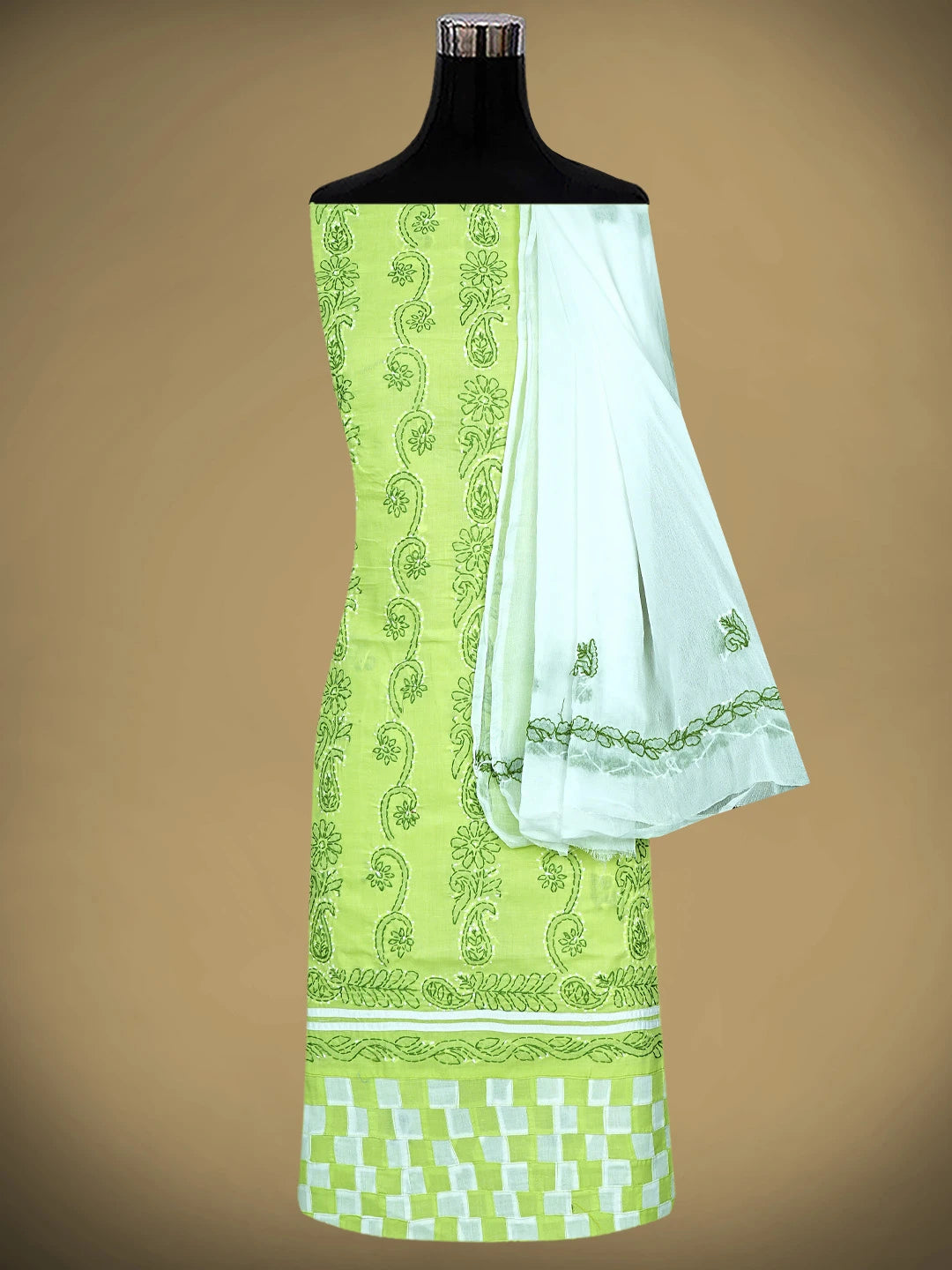 Ada Hand Embroidered Lime Green Cotton Lucknowi Chikankari Unstitched Suit Piece 01A919899