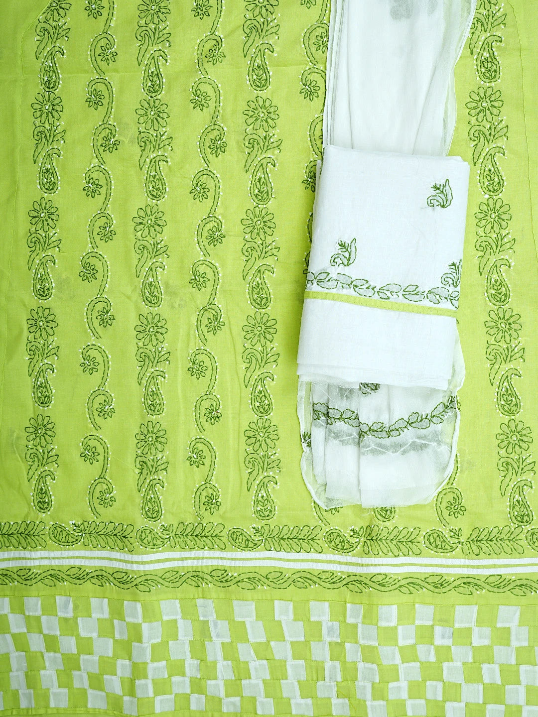 Ada Hand Embroidered Lime Green Cotton Lucknowi Chikankari Unstitched Suit Piece 01A919899