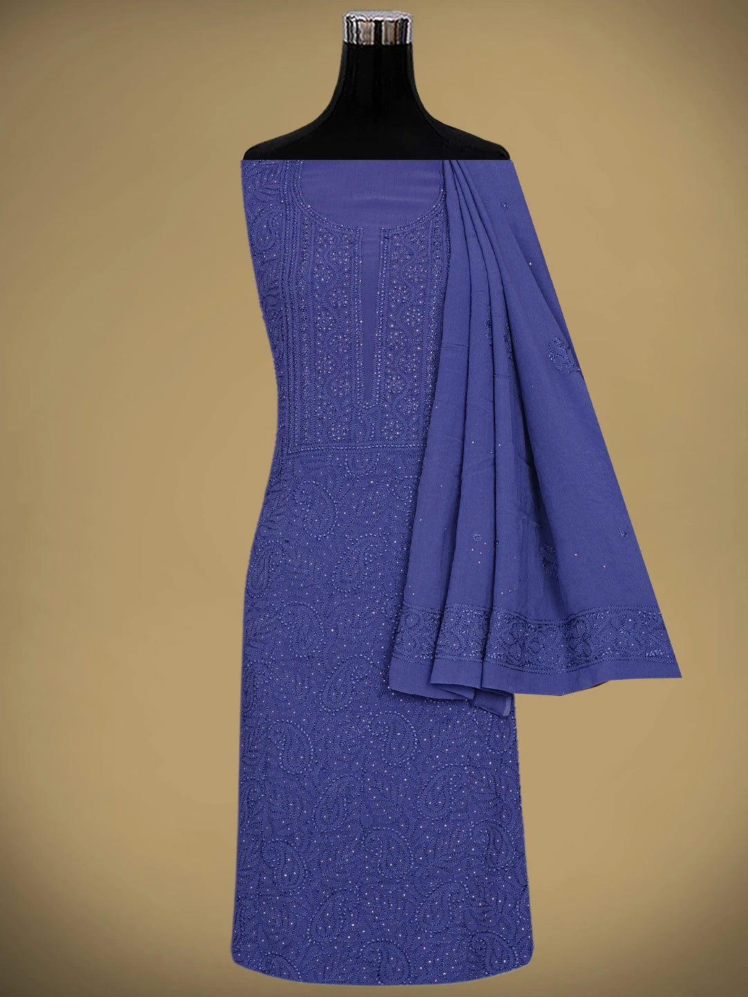Ada Hand Embroidered Oxford Blue Viscose Georgette Lucknowi Chikankari Unstitched Kurta Dupatta Set With Muqaish Work 01A893353