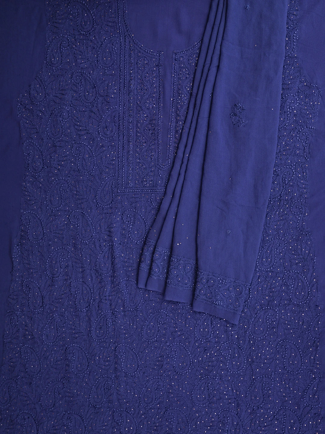 Ada Hand Embroidered Oxford Blue Viscose Georgette Lucknowi Chikankari Unstitched Kurta Dupatta Set With Muqaish Work 01A893353