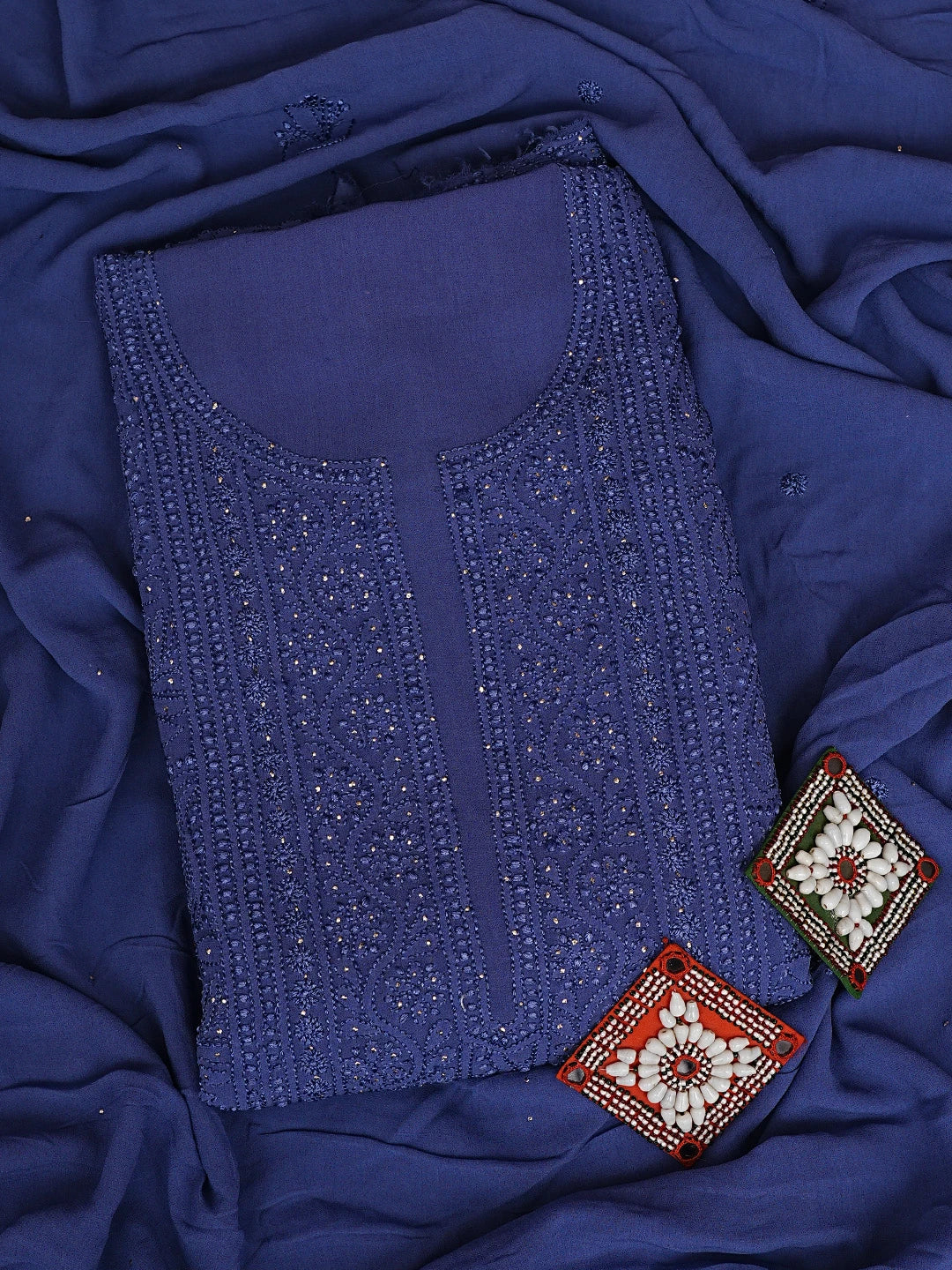 Ada Hand Embroidered Oxford Blue Viscose Georgette Lucknowi Chikankari Unstitched Kurta Dupatta Set With Muqaish Work 01A893353