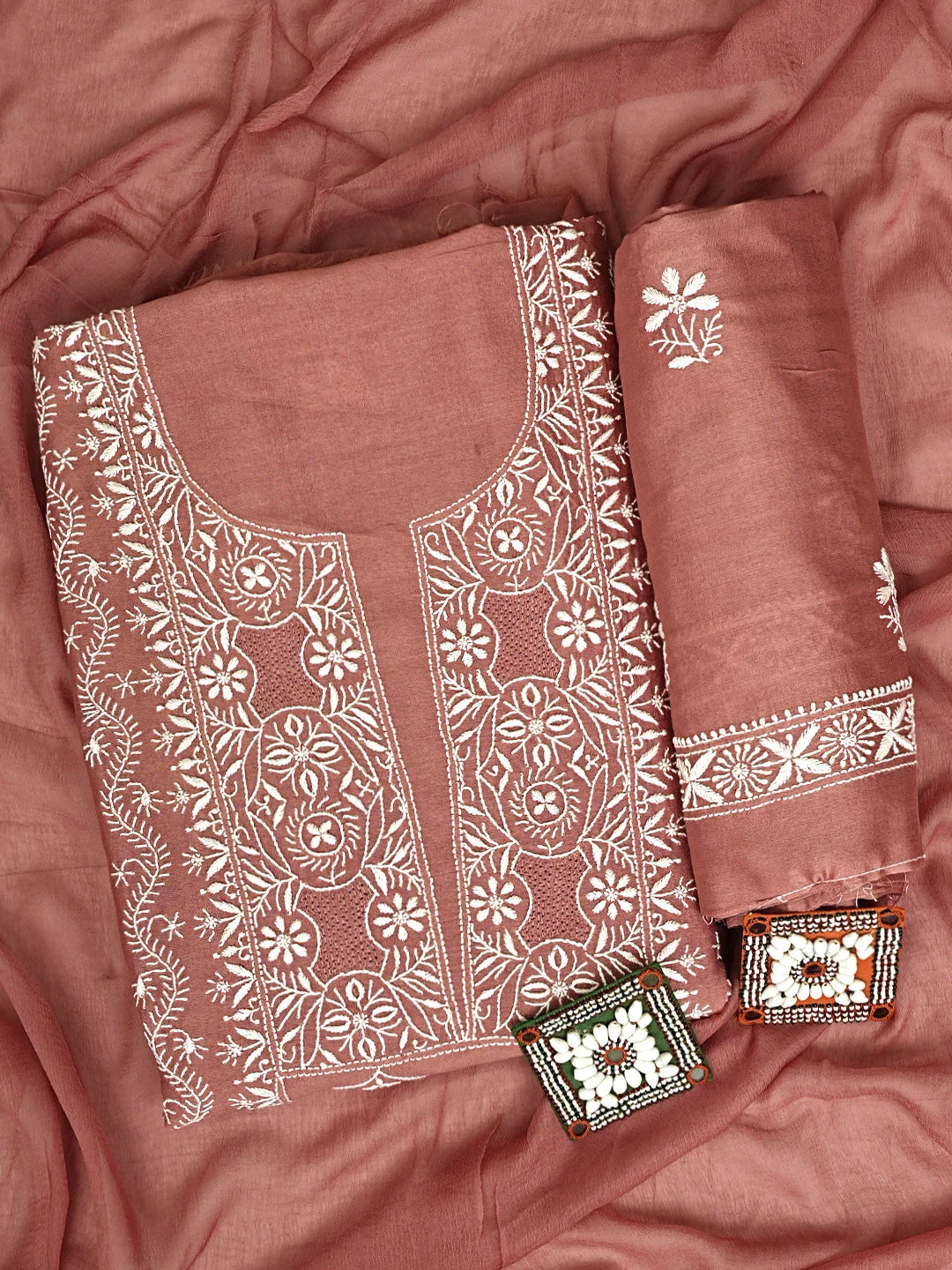 Ada Hand Embroidered Dusty Peach Chanderi Lucknowi Chikankari Unstitched Suit Piece 01A932500