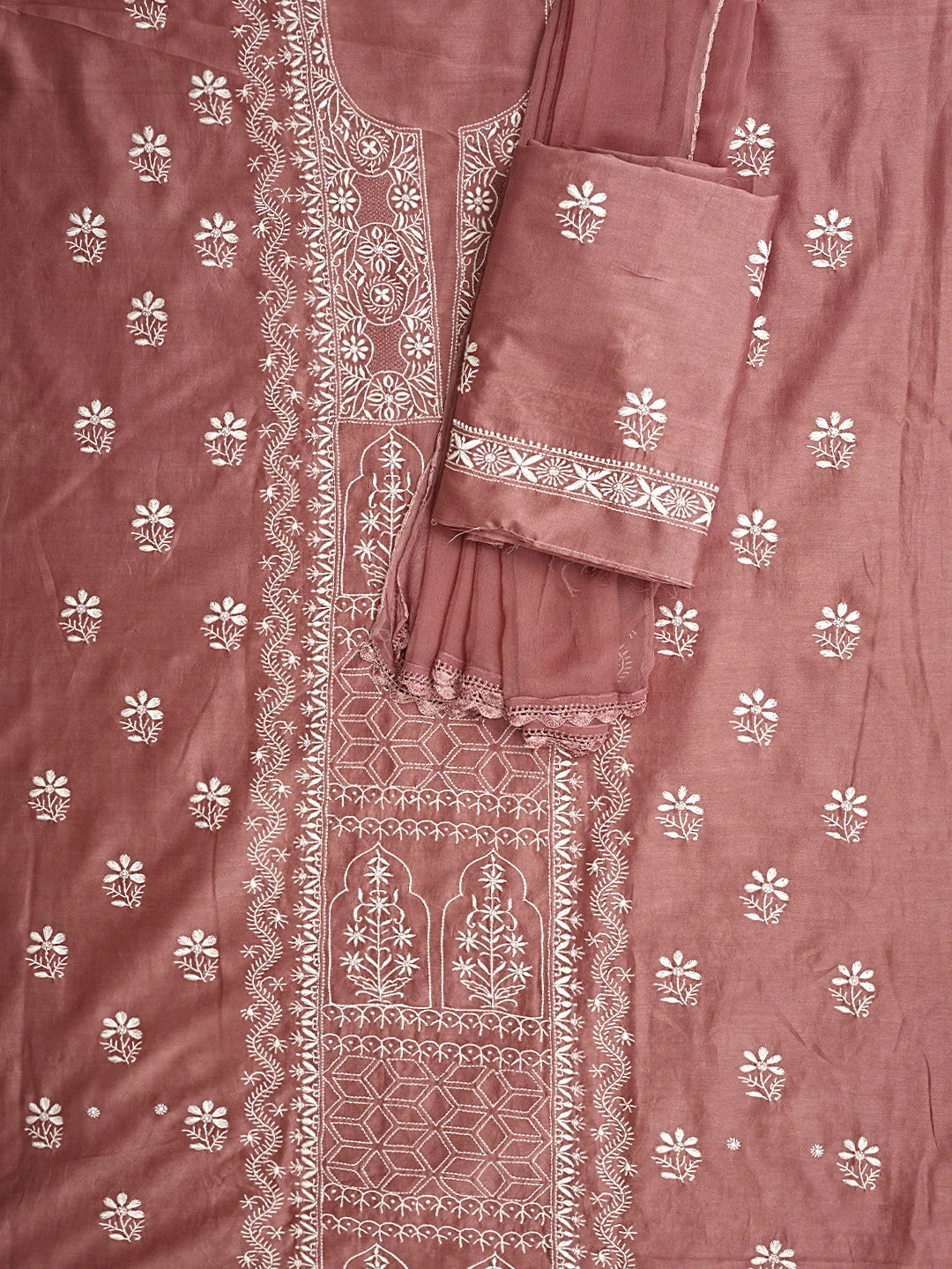Ada Hand Embroidered Dusty Peach Chanderi Lucknowi Chikankari Unstitched Suit Piece 01A932500