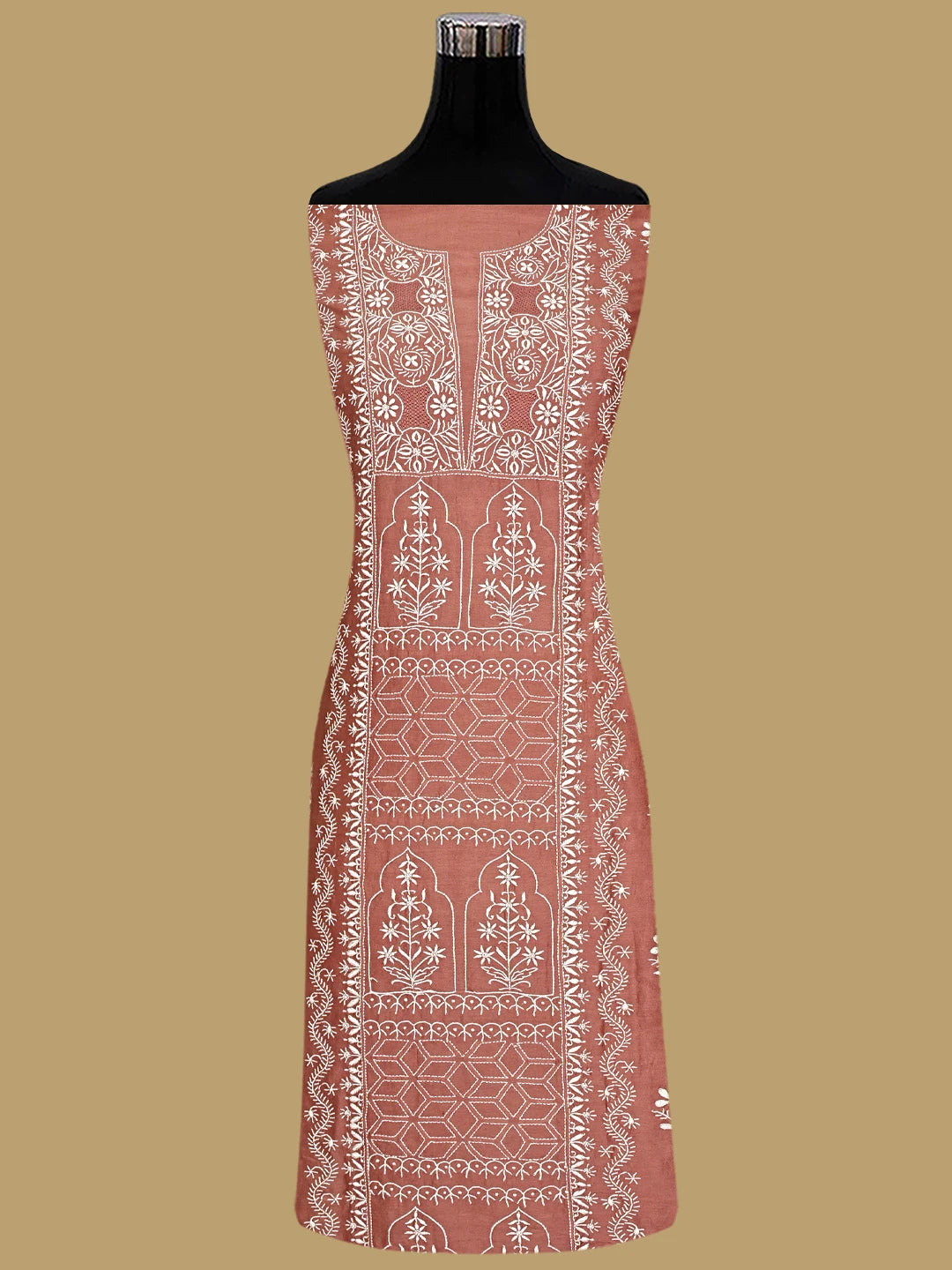 Ada Hand Embroidered Dusty Peach Chanderi Lucknowi Chikankari Unstitched Suit Piece 01A932500