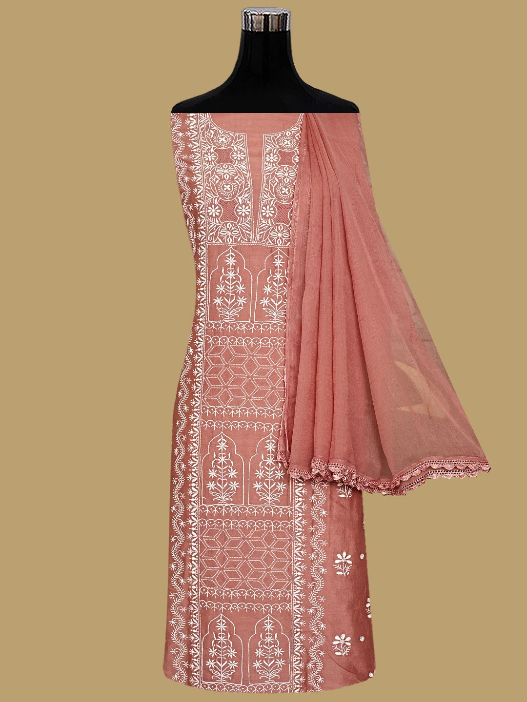Ada Hand Embroidered Dusty Peach Chanderi Lucknowi Chikankari Unstitched Suit Piece 01A932500