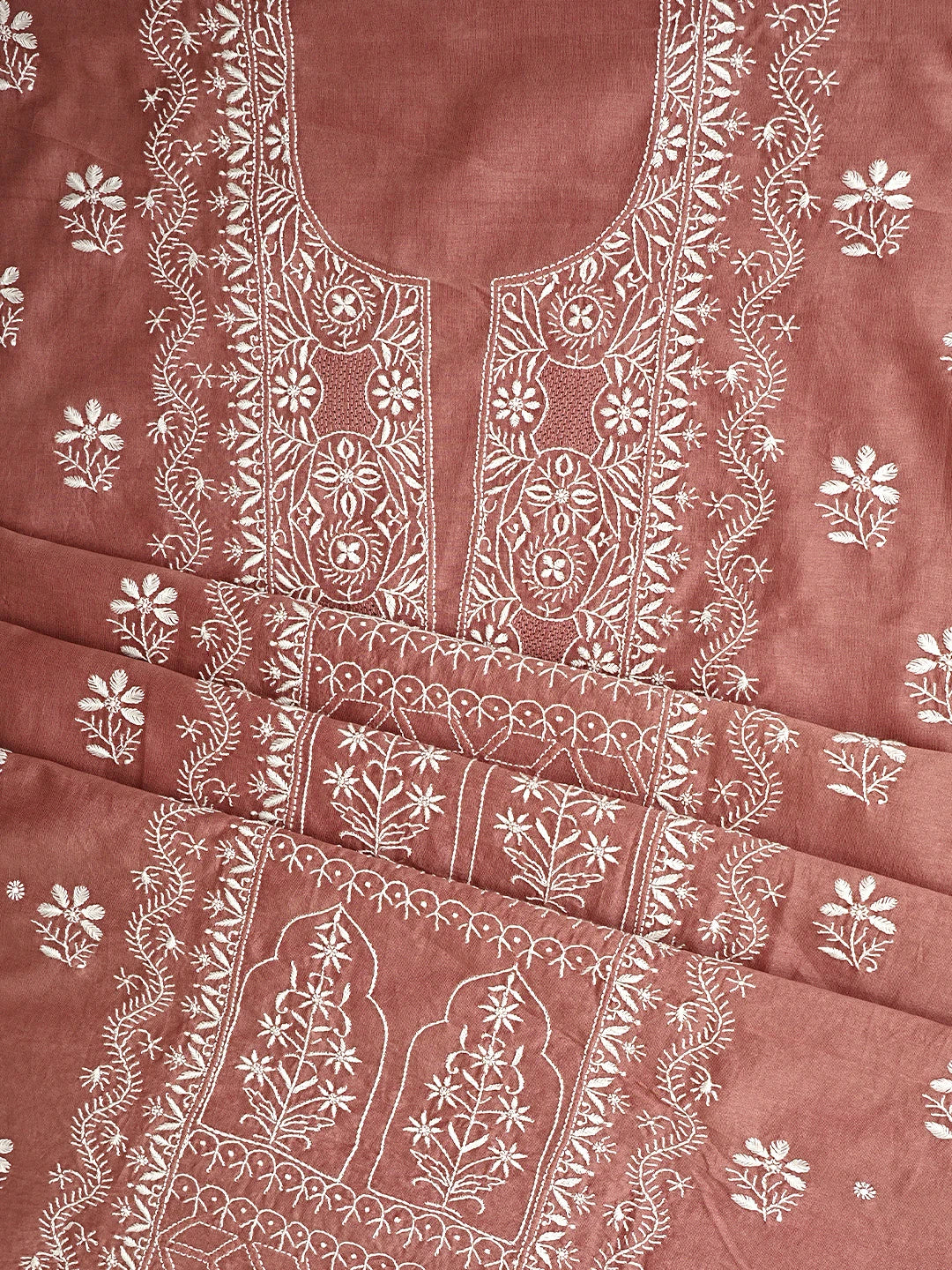 Ada Hand Embroidered Dusty Peach Chanderi Lucknowi Chikankari Unstitched Suit Piece 01A932500