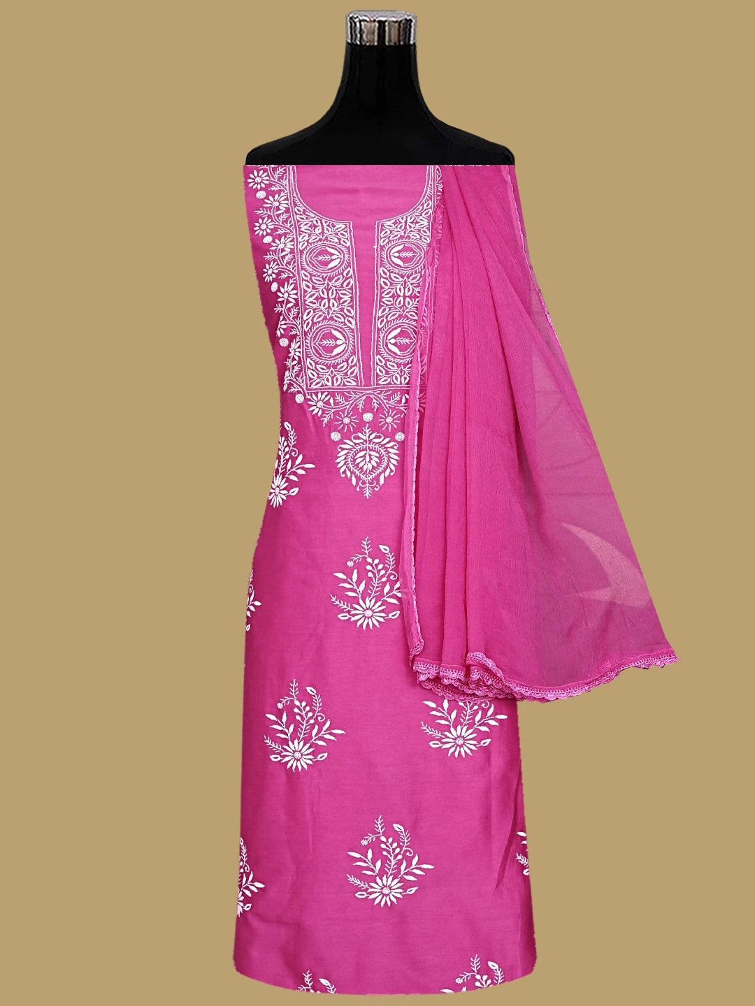 Ada Hand Embroidered Magenta Chanderi Lucknowi Chikankari Unstitched Suit Piece 01A932509