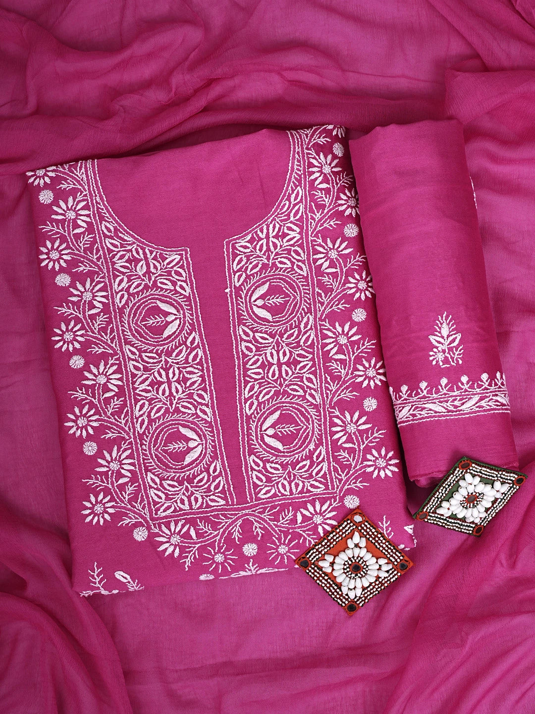 Ada Hand Embroidered Magenta Chanderi Lucknowi Chikankari Unstitched Suit Piece 01A932509