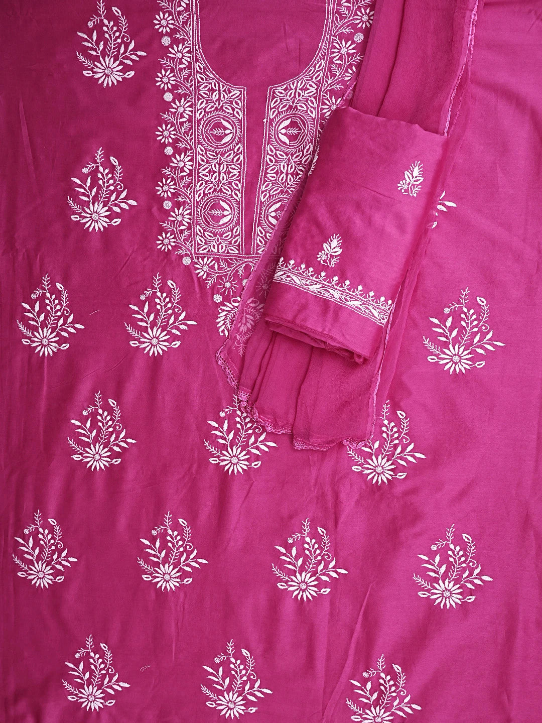 Ada Hand Embroidered Magenta Chanderi Lucknowi Chikankari Unstitched Suit Piece 01A932509