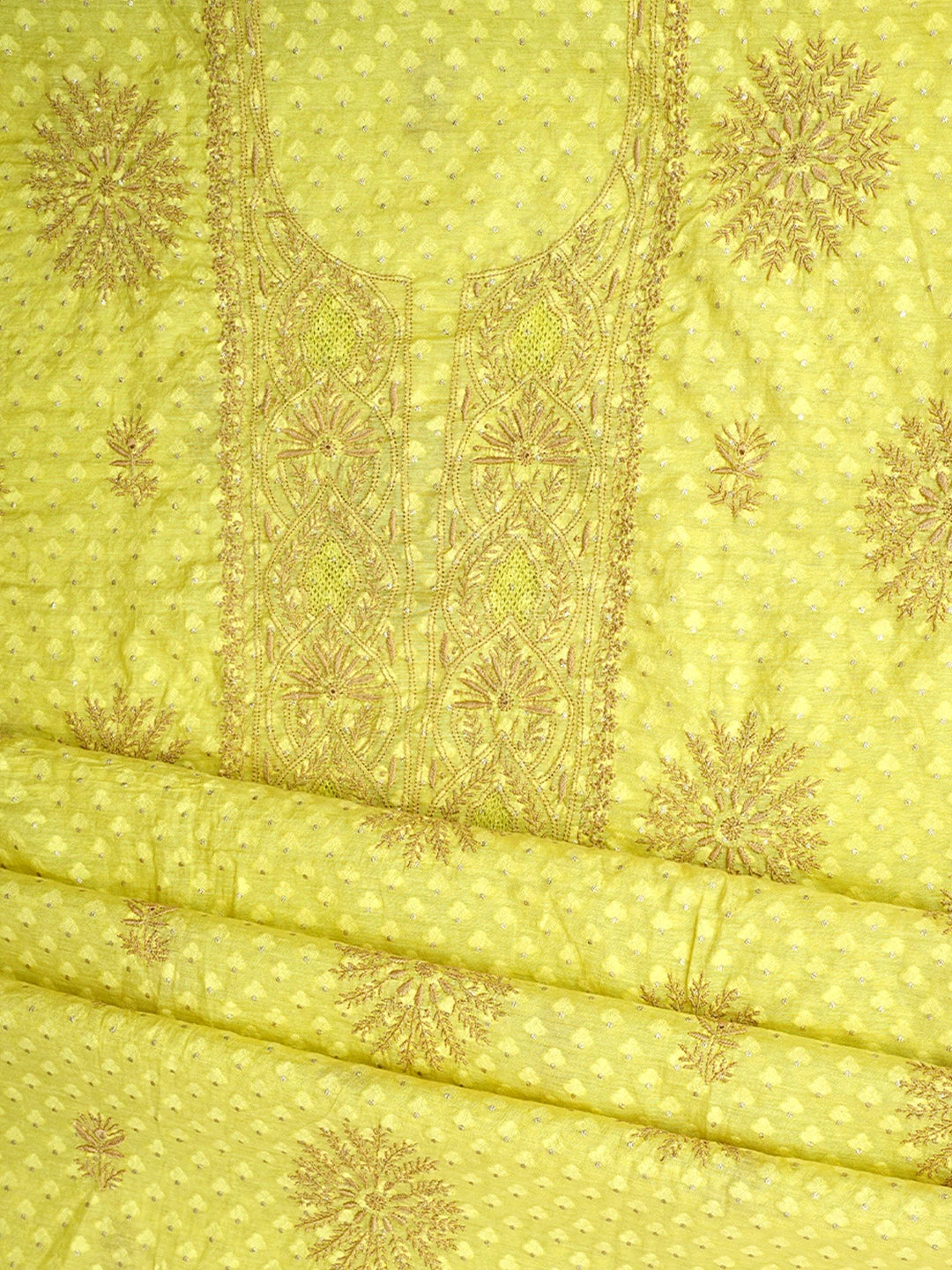 Ada Hand Embroidered Lime Green Chanderi Lucknowi Chikankari Unstitched Kurta Dupatta Set 01A561119