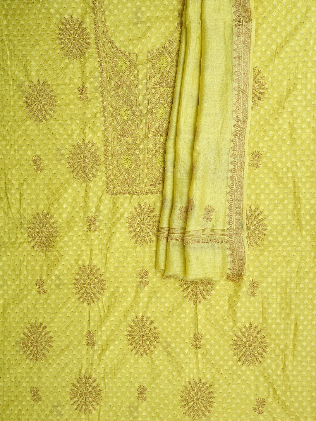 Ada Hand Embroidered Lime Green Chanderi Lucknowi Chikankari Unstitched Kurta Dupatta Set 01A561119