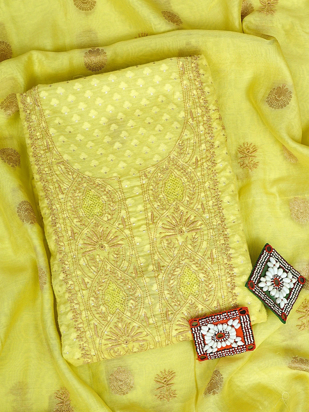 Ada Hand Embroidered Lime Green Chanderi Lucknowi Chikankari Unstitched Kurta Dupatta Set 01A561119