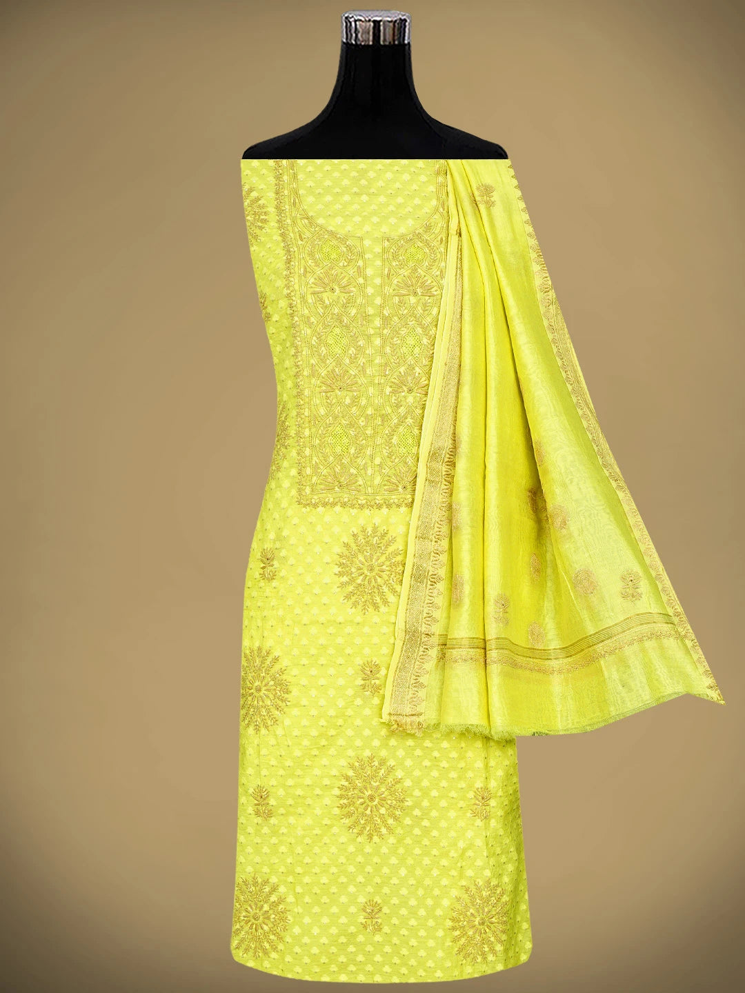 Ada Hand Embroidered Lime Green Chanderi Lucknowi Chikankari Unstitched Kurta Dupatta Set 01A561119