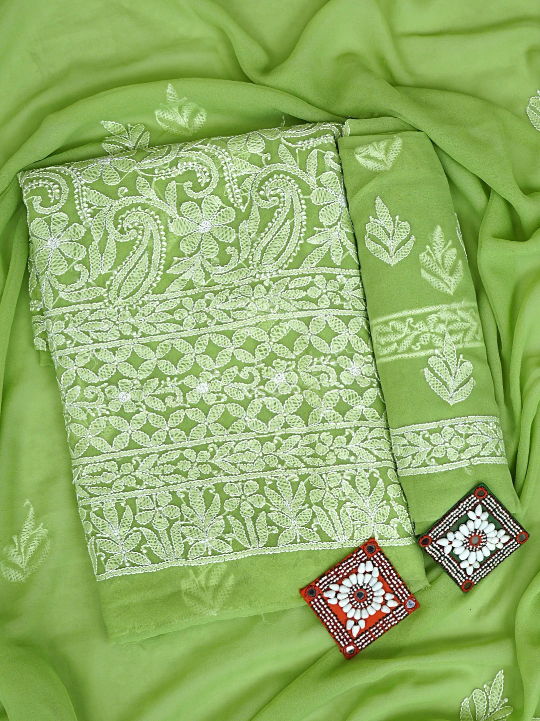 Ada Hand Embroidered Green Georgette Lucknowi Chikankari Unstitched Suit Piece 01A933067