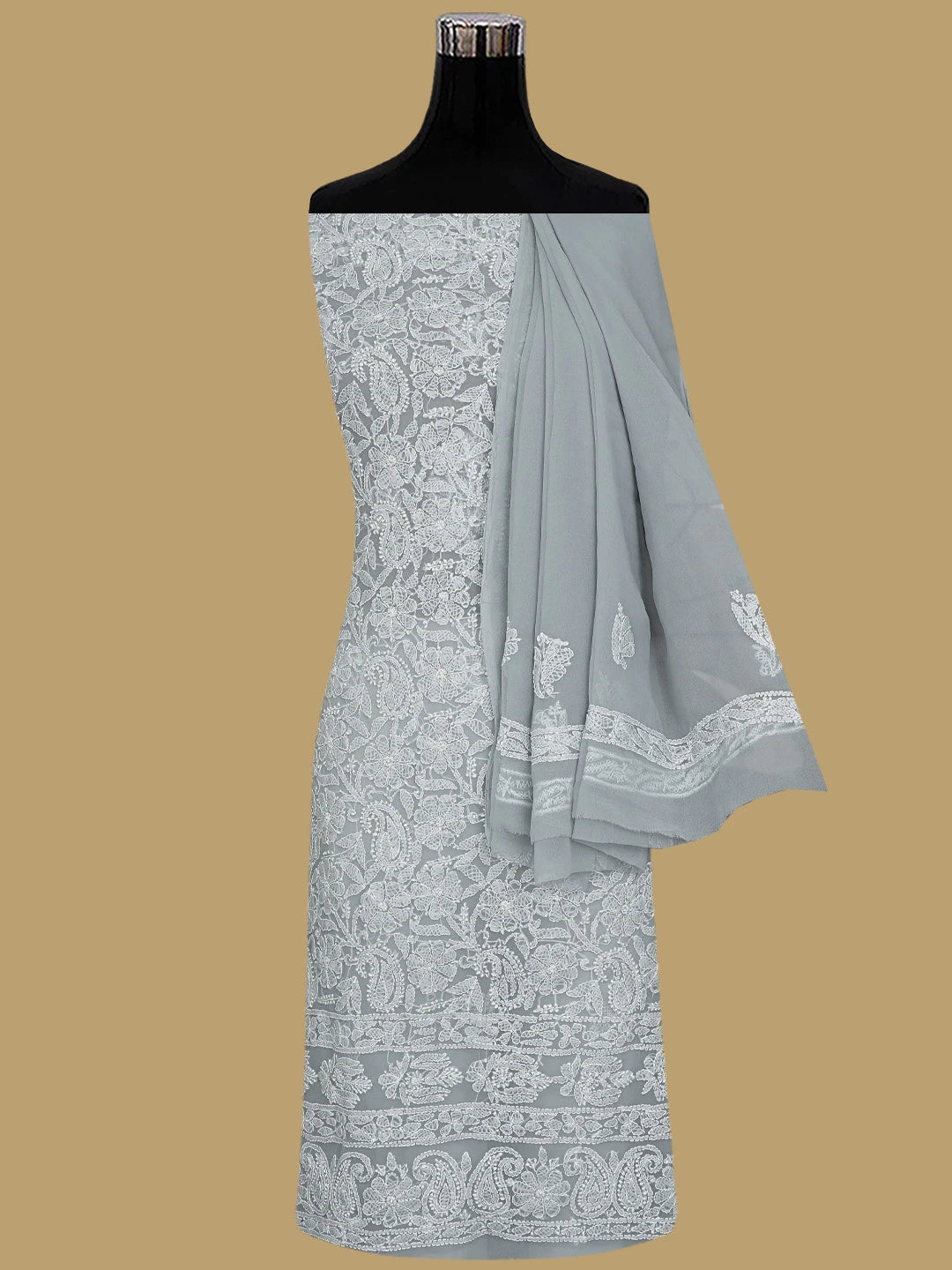 Ada Hand Embroidered Grey Georgette Lucknowi Chikankari Unstitched Suit Piece 01A933080