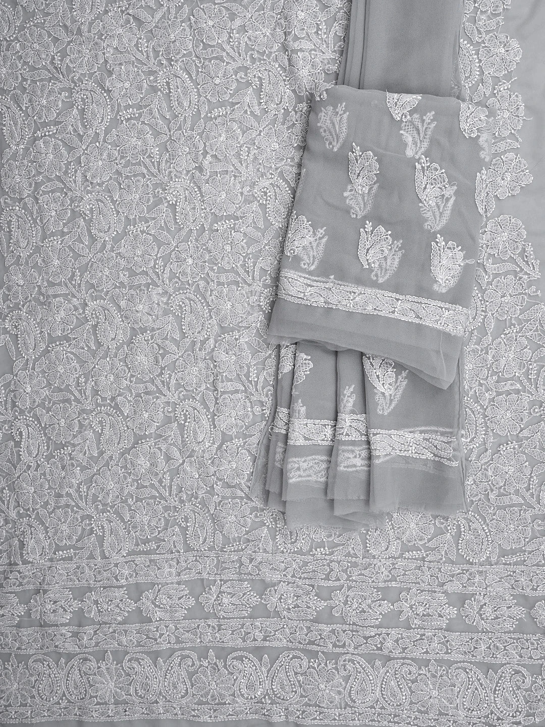 Ada Hand Embroidered Grey Georgette Lucknowi Chikankari Unstitched Suit Piece 01A933080