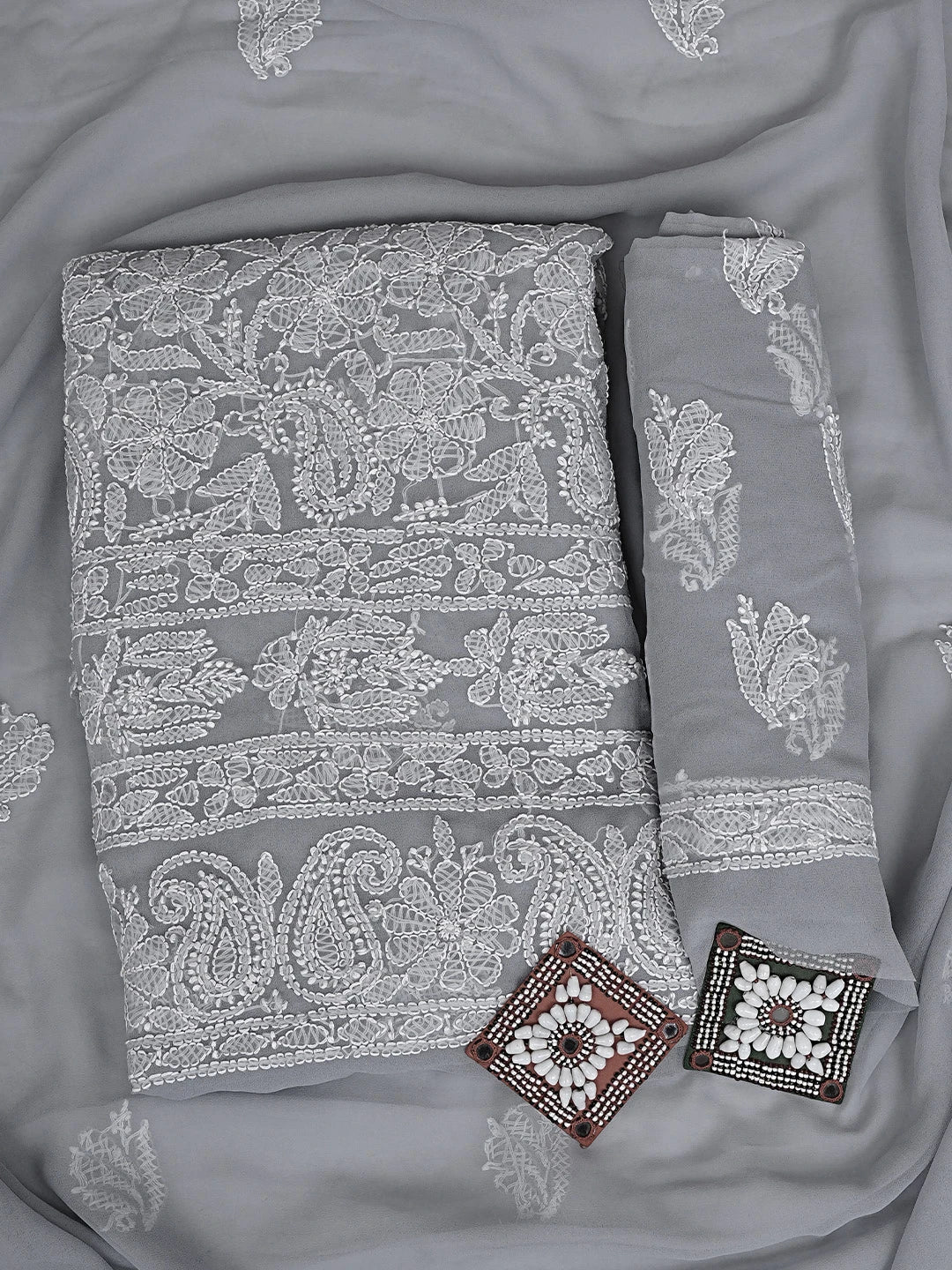 Ada Hand Embroidered Grey Georgette Lucknowi Chikankari Unstitched Suit Piece 01A933080