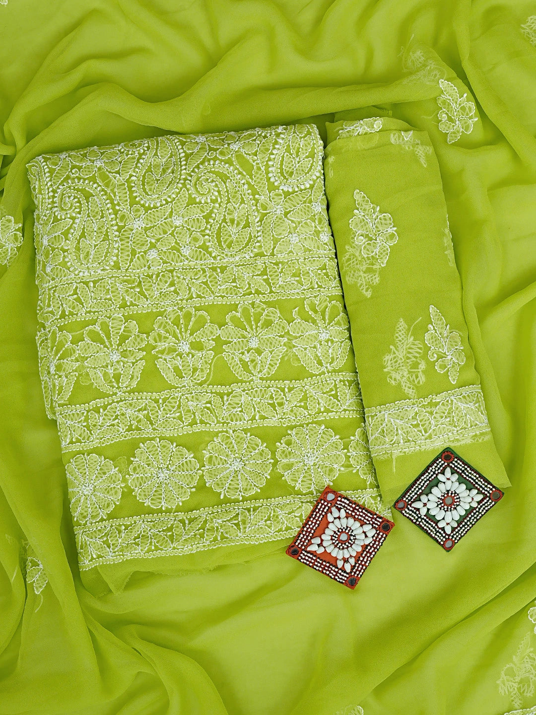 Ada Hand Embroidered Green Georgette Lucknowi Chikankari Unstitched Suit Piece 01A933081