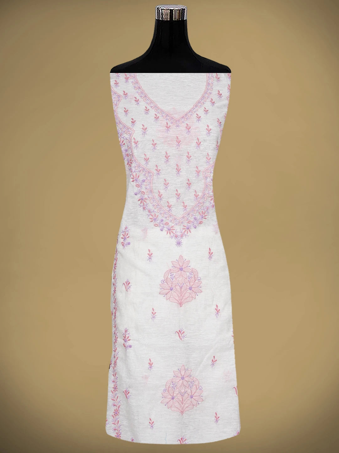 Ada Hand Embroidered White Ivory Khadi Chanderi Lucknowi Chikankari Semi-Stitched Kurta Dupatta Set 01A896620