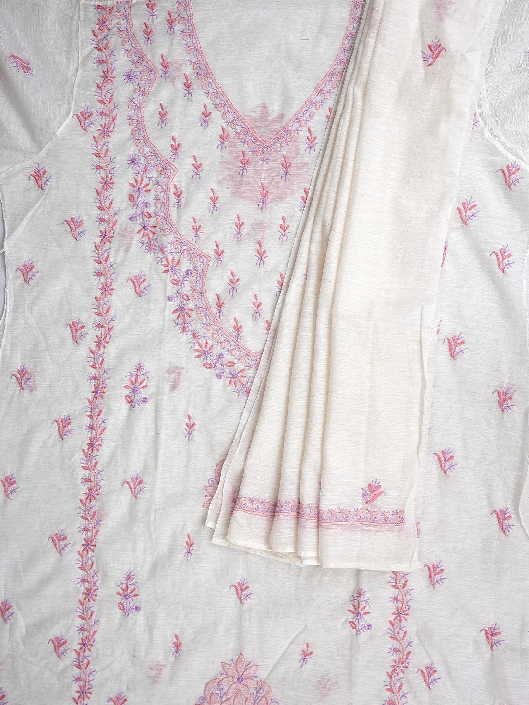 Ada Hand Embroidered White Ivory Khadi Chanderi Lucknowi Chikankari Semi-Stitched Kurta Dupatta Set 01A896620