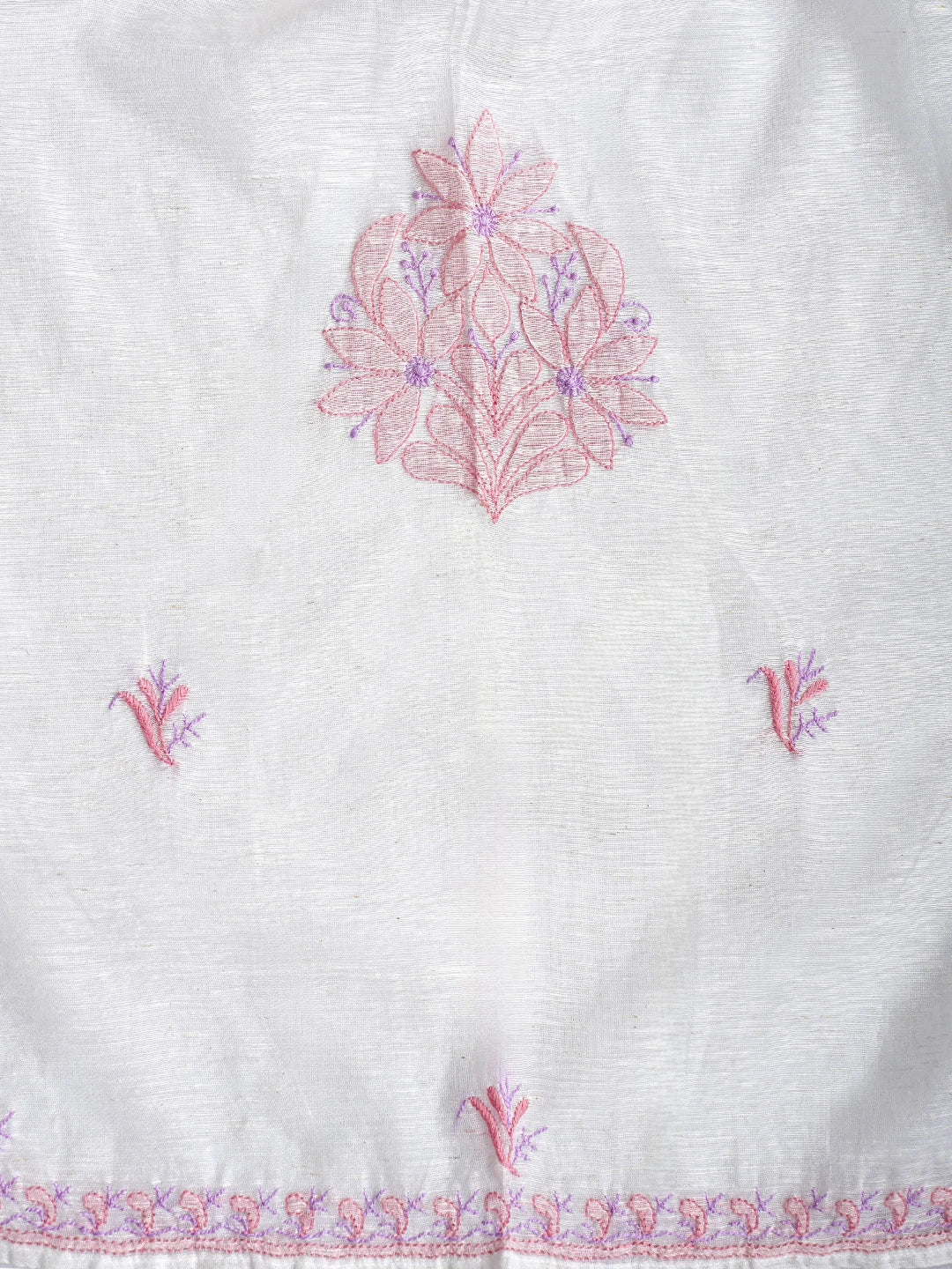 Ada Hand Embroidered White Ivory Khadi Chanderi Lucknowi Chikankari Semi-Stitched Kurta Dupatta Set 01A896620