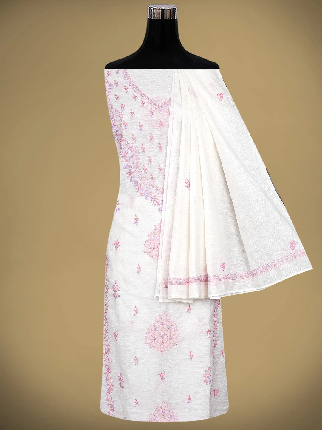 Ada Hand Embroidered White Ivory Khadi Chanderi Lucknowi Chikankari Semi-Stitched Kurta Dupatta Set 01A896620