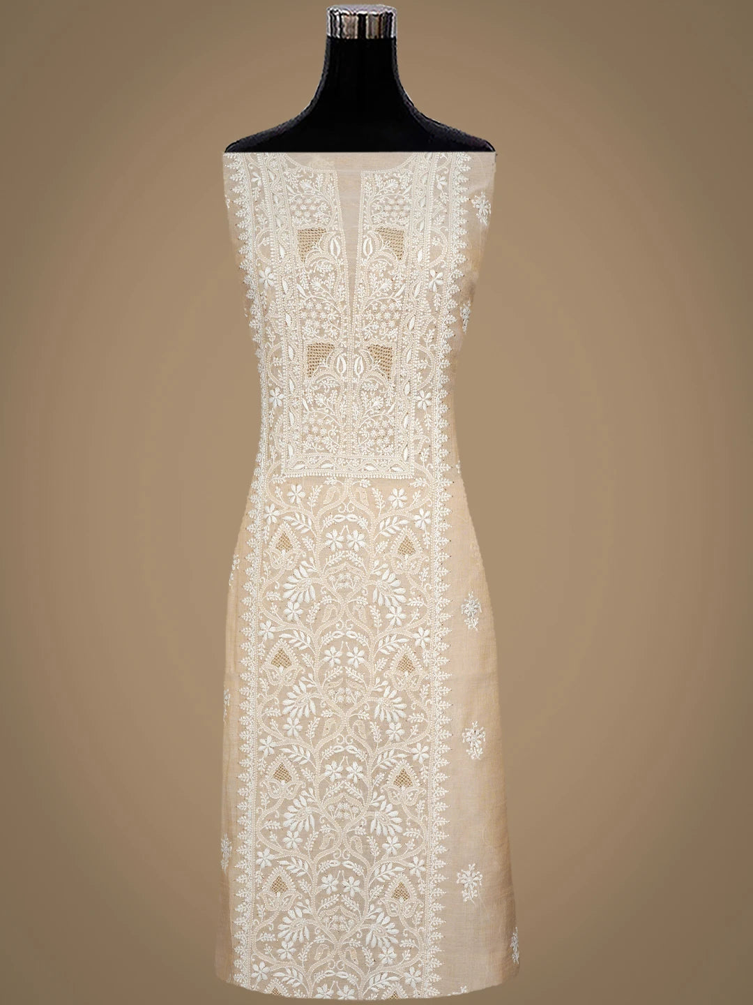 Ada Hand Embroidered Fawn Tissue Lucknowi Chikankari Unstitched Kurta Dupatta Set With Muqaish/Mukaish Work 01A934199