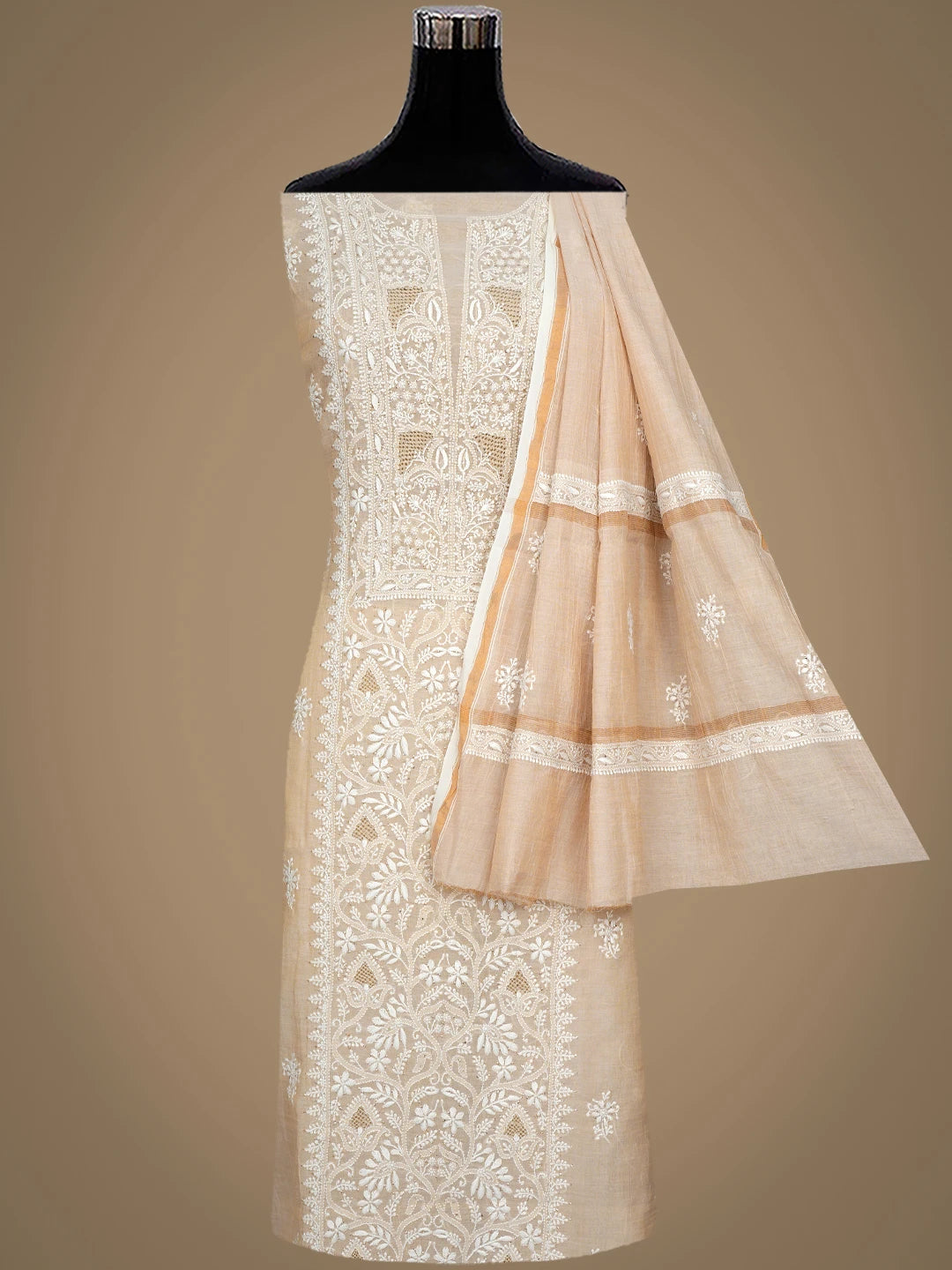 Ada Hand Embroidered Fawn Tissue Lucknowi Chikankari Unstitched Kurta Dupatta Set With Muqaish/Mukaish Work 01A934199