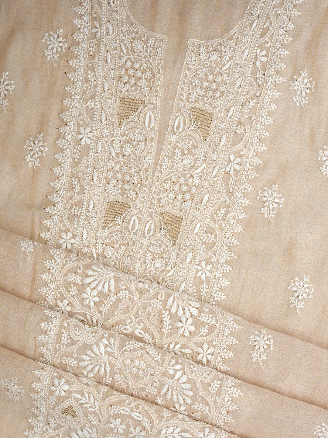 Ada Hand Embroidered Fawn Tissue Lucknowi Chikankari Unstitched Kurta Dupatta Set With Muqaish/Mukaish Work 01A934199
