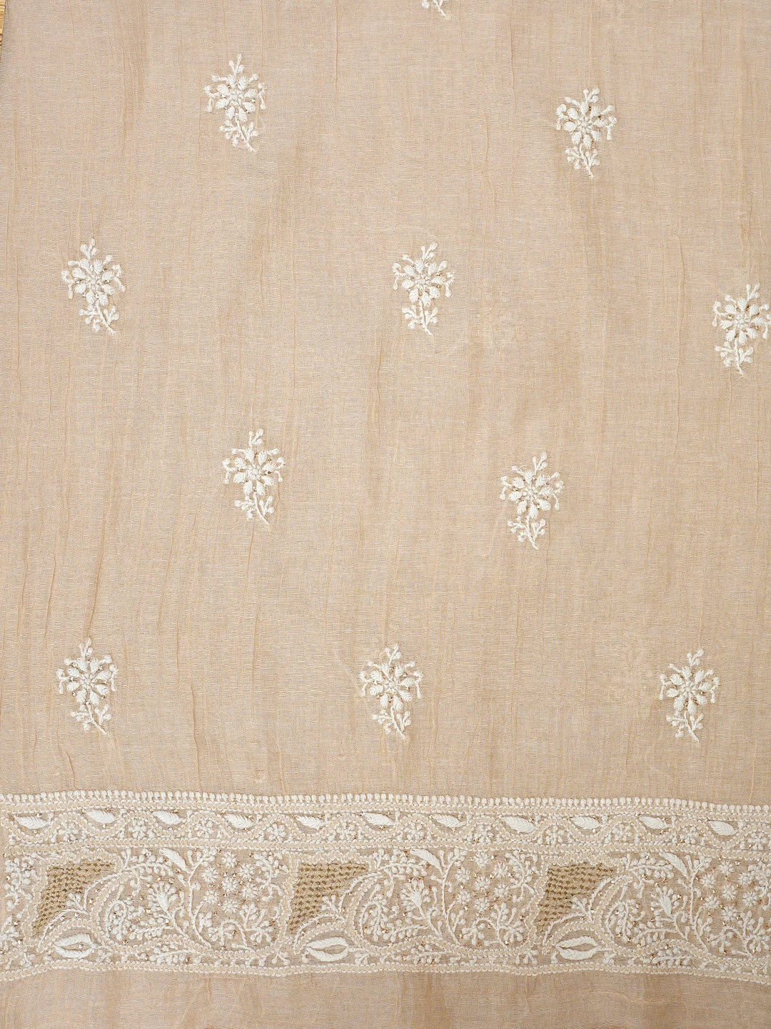 Ada Hand Embroidered Fawn Tissue Lucknowi Chikankari Unstitched Kurta Dupatta Set With Muqaish/Mukaish Work 01A934199
