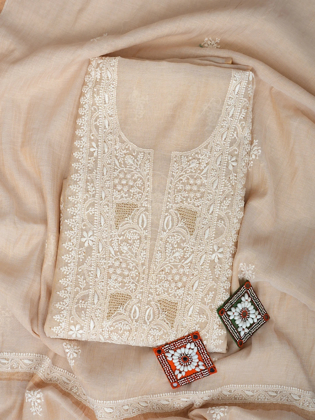 Ada Hand Embroidered Fawn Tissue Lucknowi Chikankari Unstitched Kurta Dupatta Set With Muqaish/Mukaish Work 01A934199