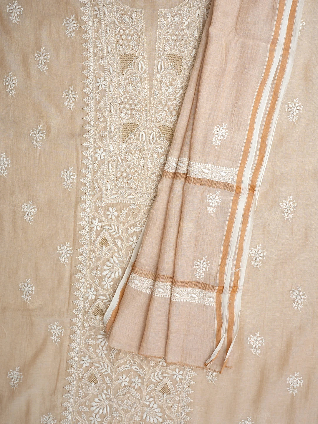 Ada Hand Embroidered Fawn Tissue Lucknowi Chikankari Unstitched Kurta Dupatta Set With Muqaish/Mukaish Work 01A934199