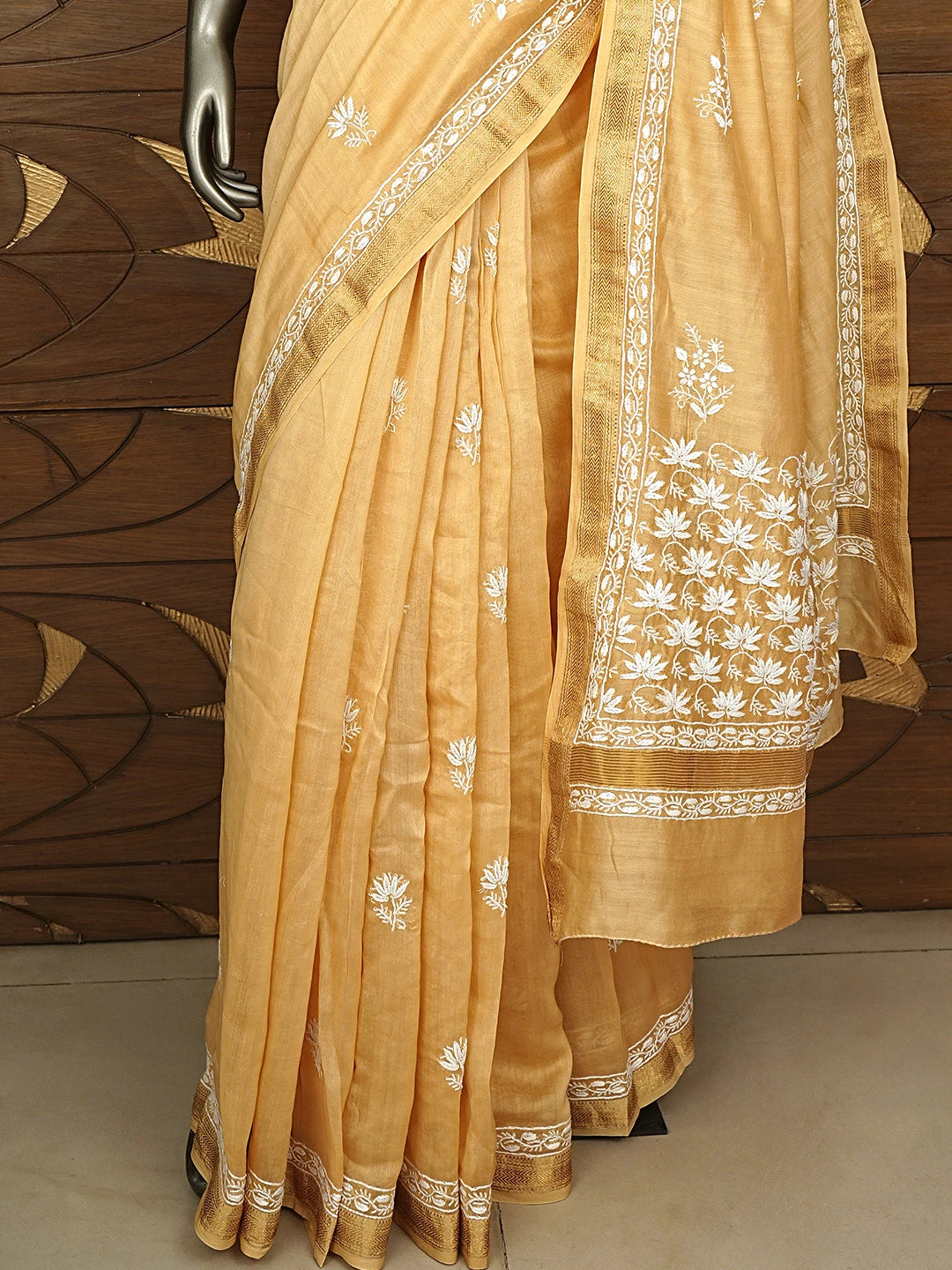 Ada Hand Embroidered Light Caramel Brown Chanderi Lucknowi Chikankari Saree With Blouse 01A919720