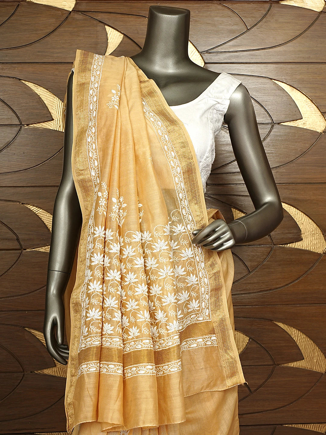 Ada Hand Embroidered Light Caramel Brown Chanderi Lucknowi Chikankari Saree With Blouse 01A919720