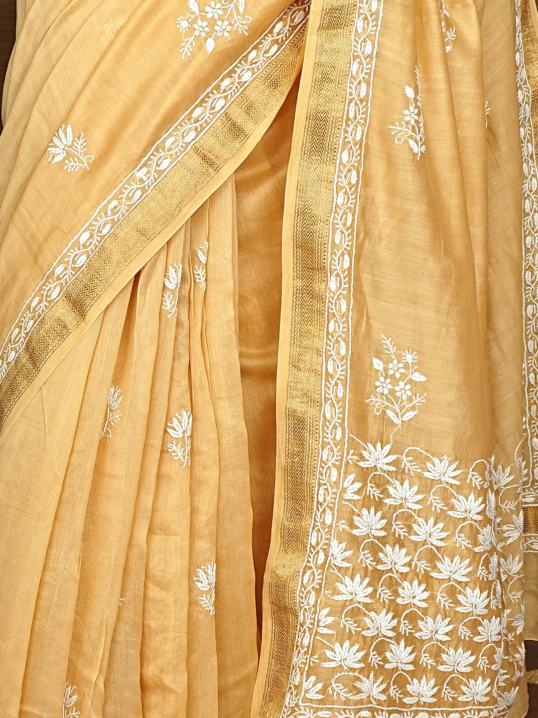 Ada Hand Embroidered Light Caramel Brown Chanderi Lucknowi Chikankari Saree With Blouse 01A919720